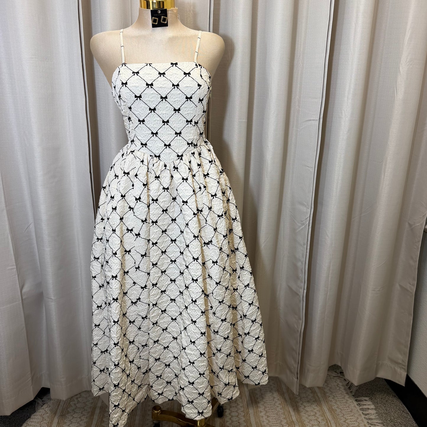 Bow print square neck Maxi Dress with pockets -Black/white