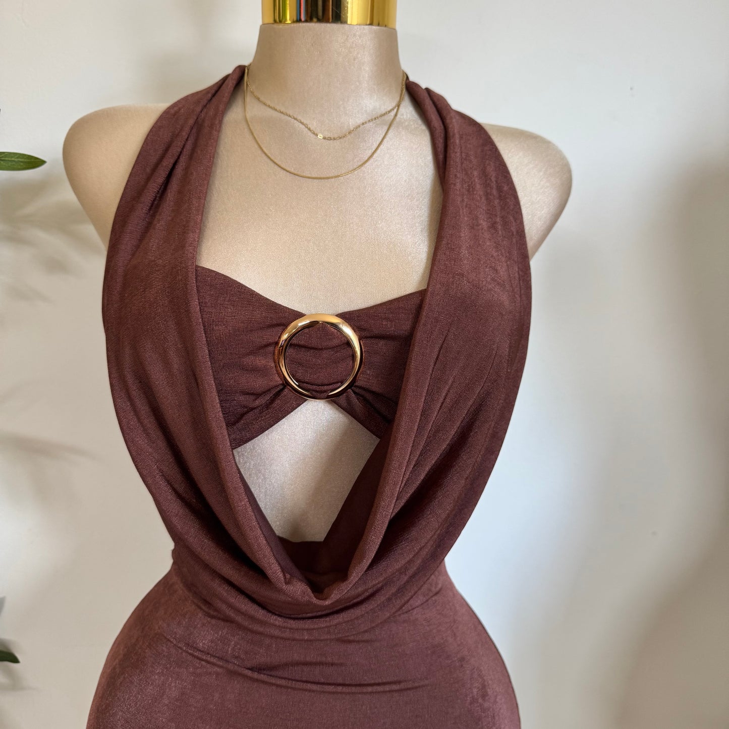 Cowl Halter Dress -Brown