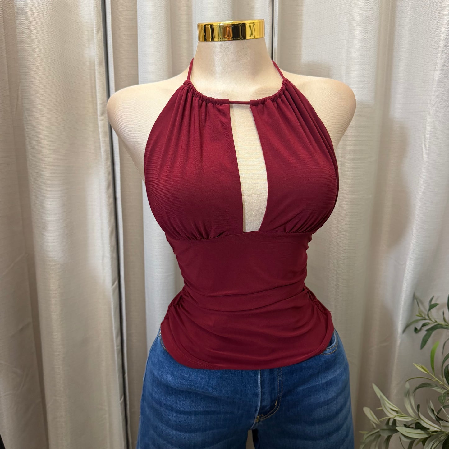 Halter open back Ruched Top-Burgundy