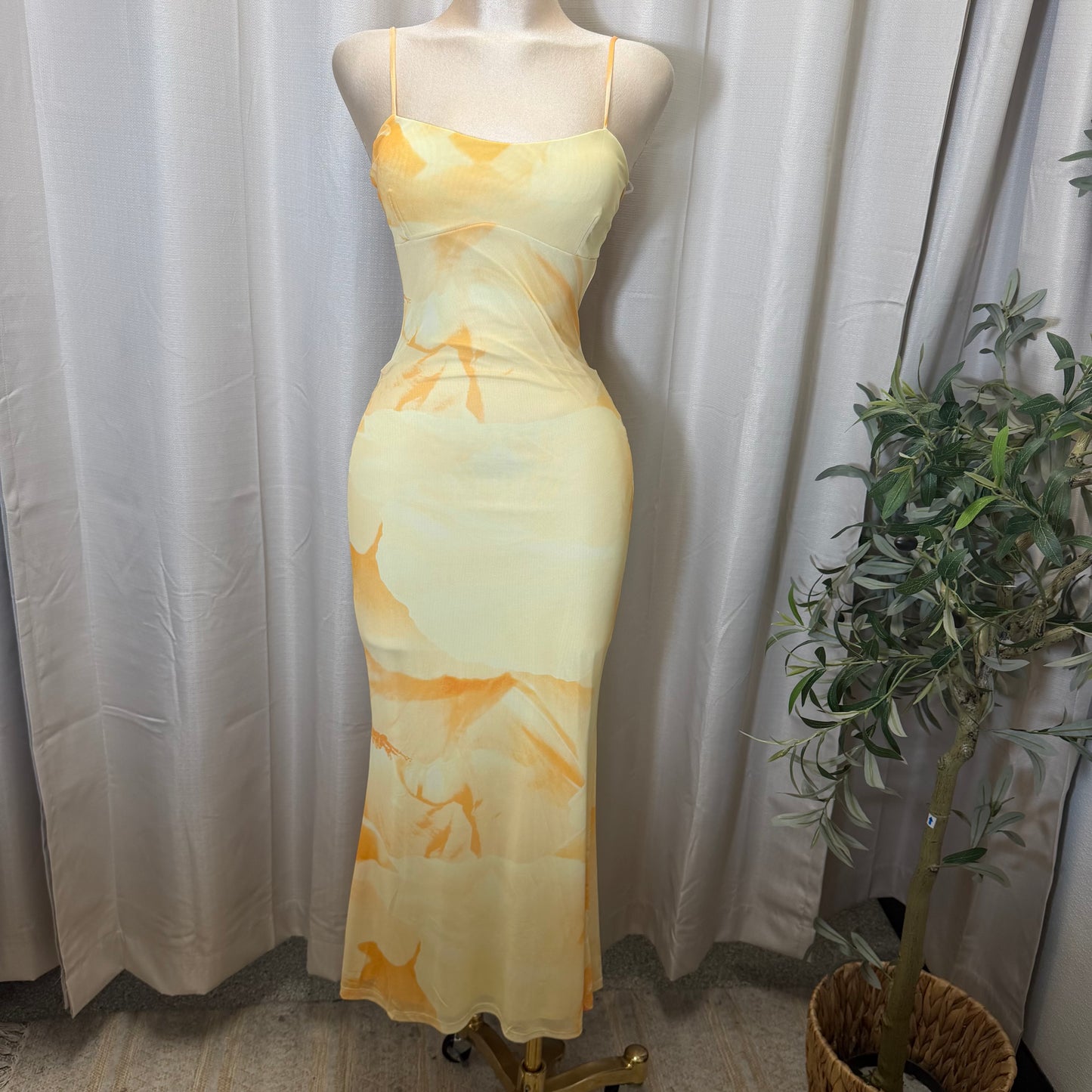 Mesh Spaghetti Mesh Dress-yellow