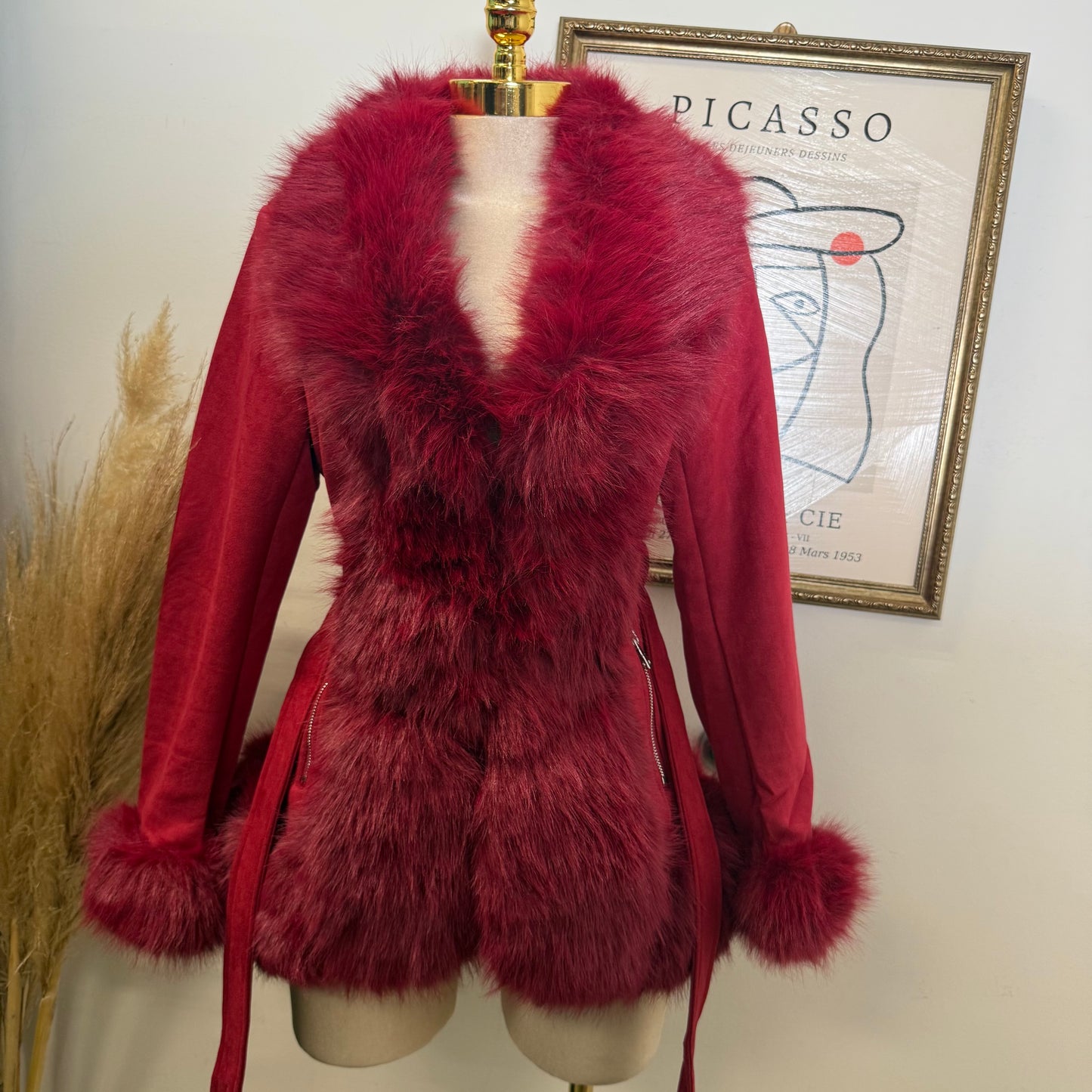 Dynasty Luxe Fur-Trimmed Coat Red