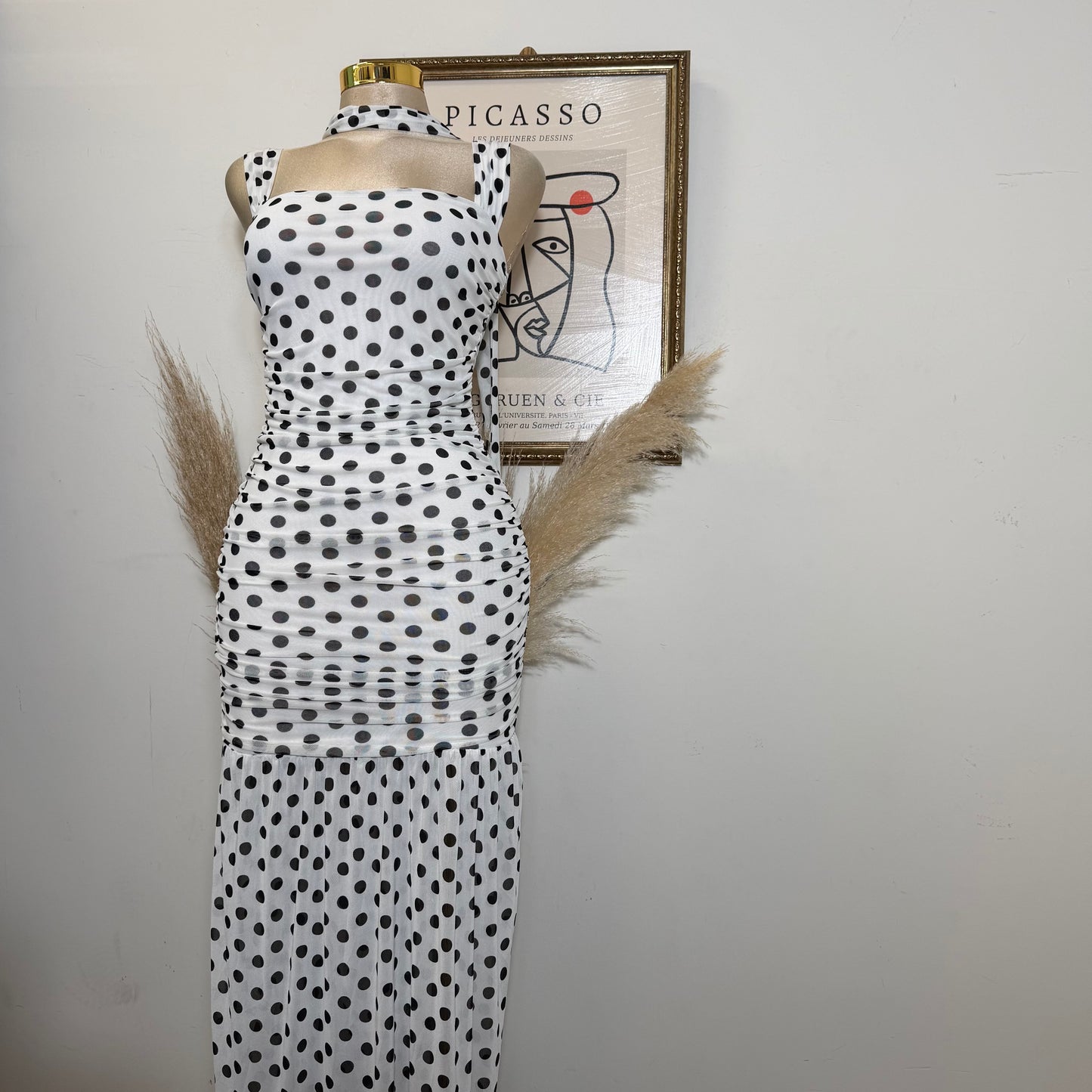 Polka Dot Mesh Off Shoulder Maxi Dress-White