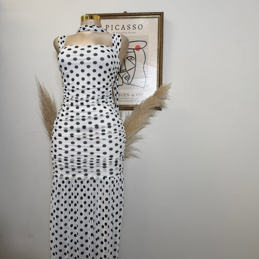 Polka Dot Mesh Off Shoulder Maxi Dress-White