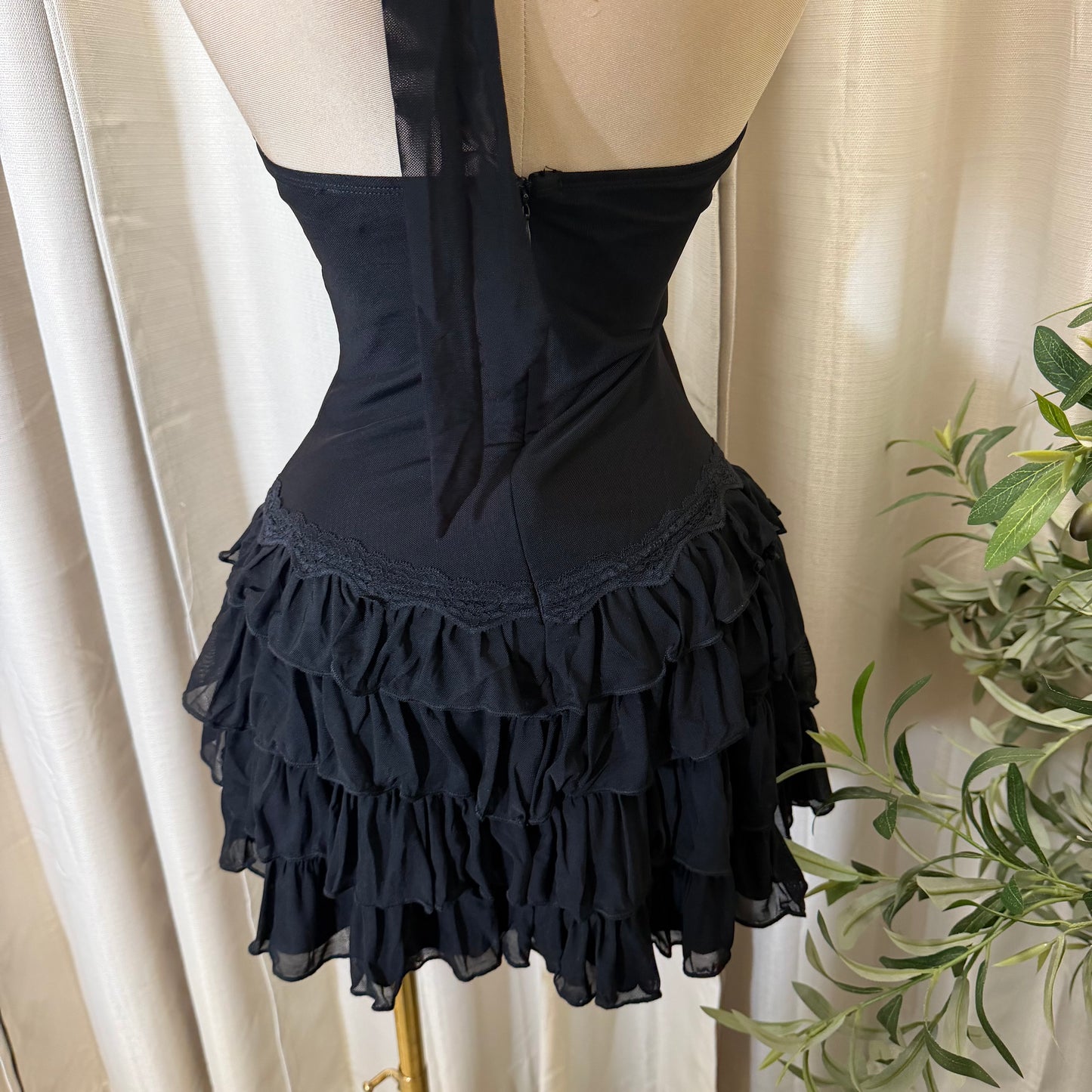 Halter Neck Mini Corset Dress with Layered skirt-Black