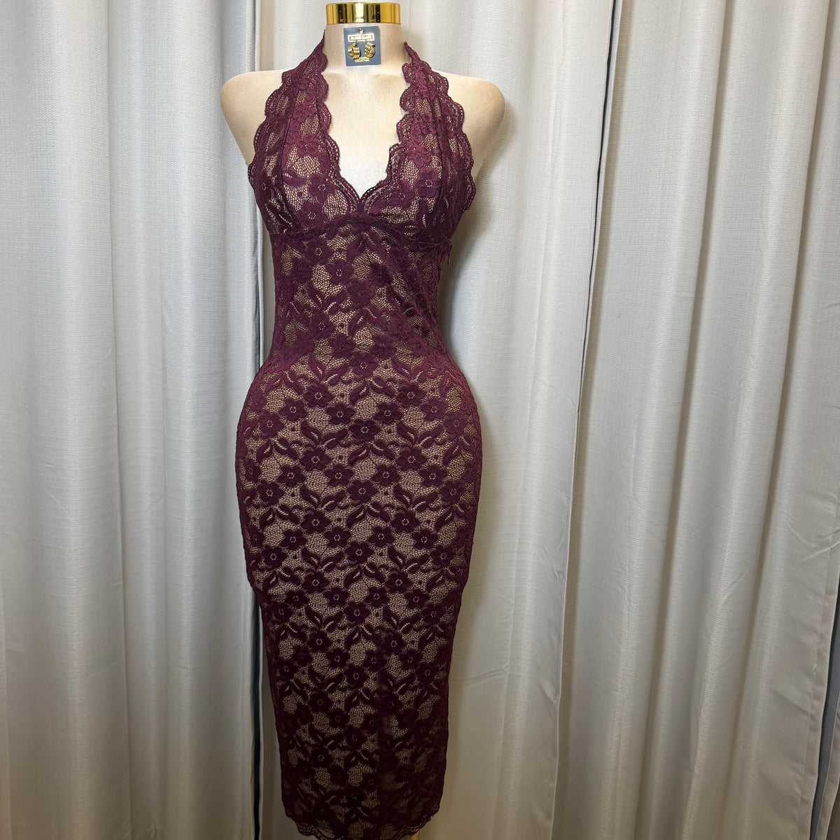Floral Lace Halter Neck Backless Midi Dress-Eggplant/Plum/Burgundy