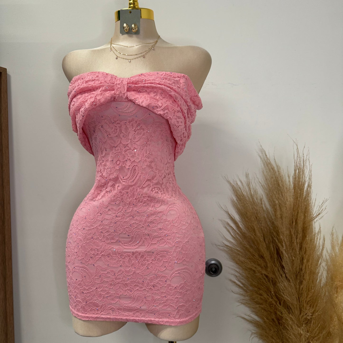 Bow Lace Rhinestone Dress-Pink