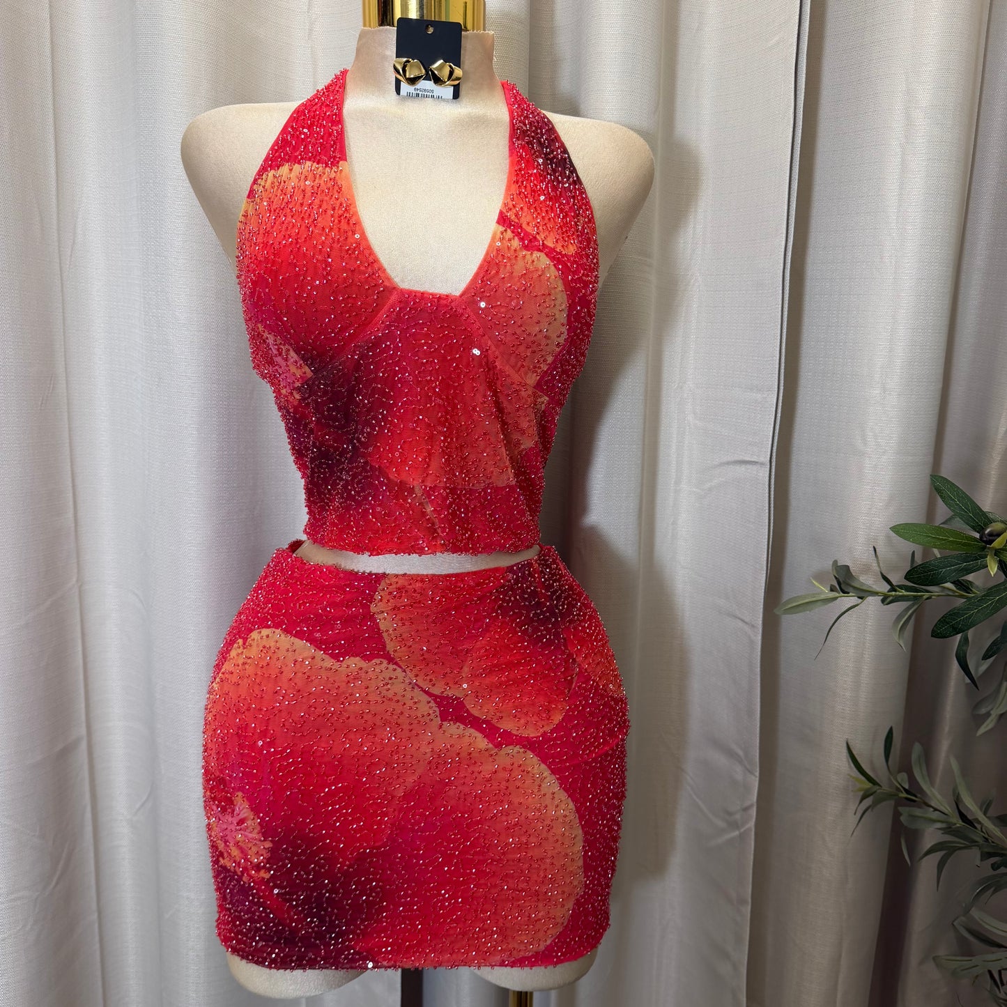Mesh Two Piece V-neck Halter top Skirt Set-Pink/Orange