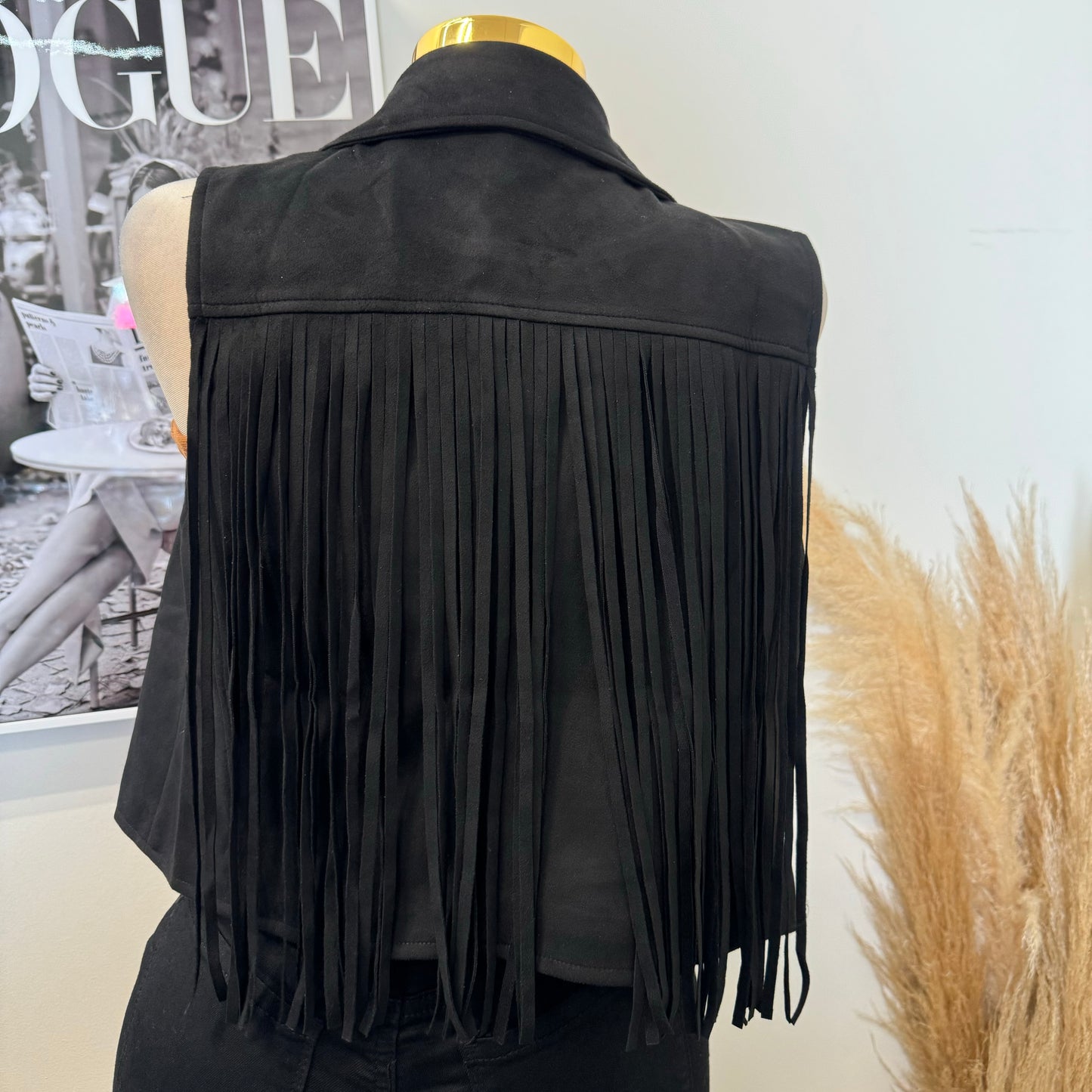 Collared Fringe Suede Vest -Black