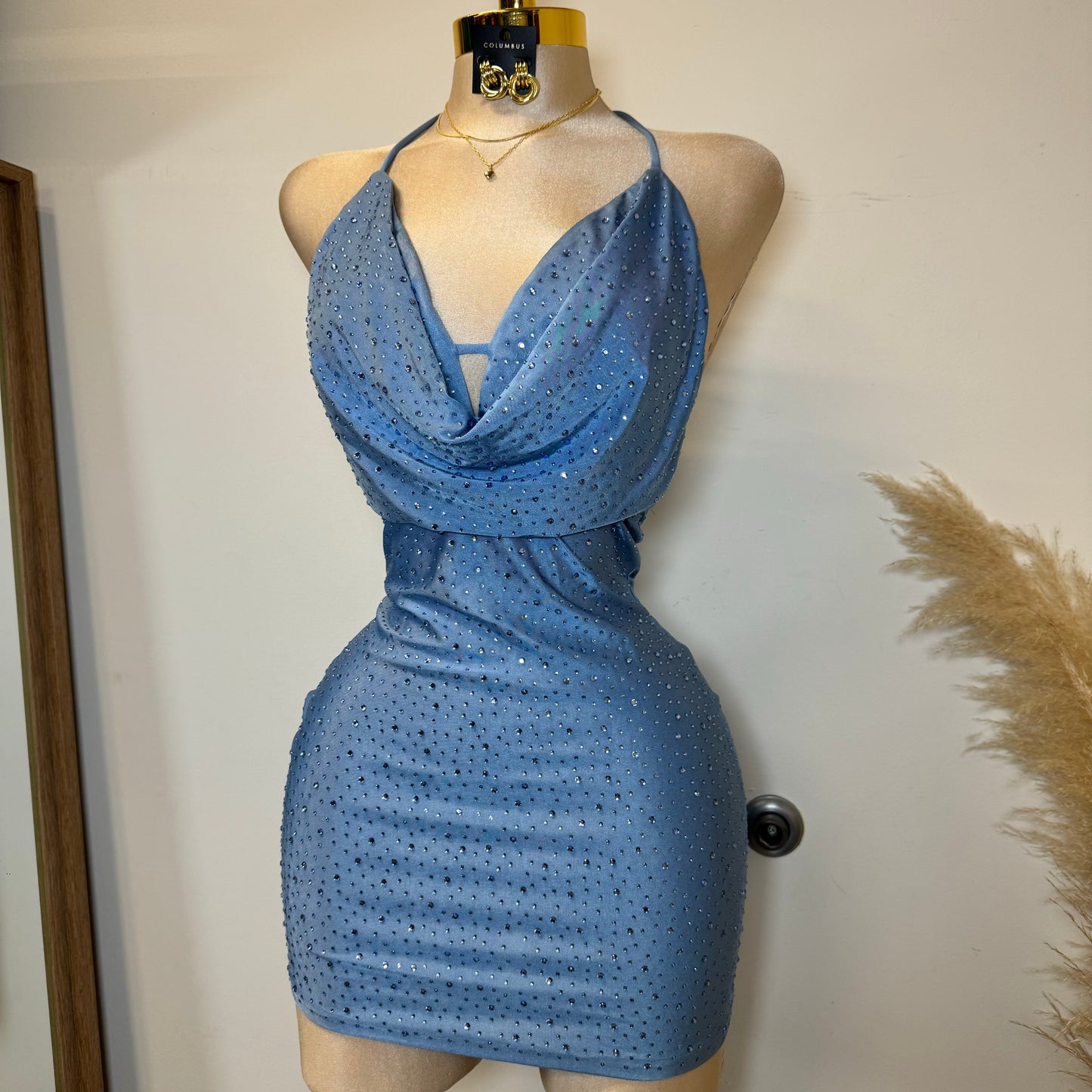 Cowl Rhinestone Dress-Baby Blue