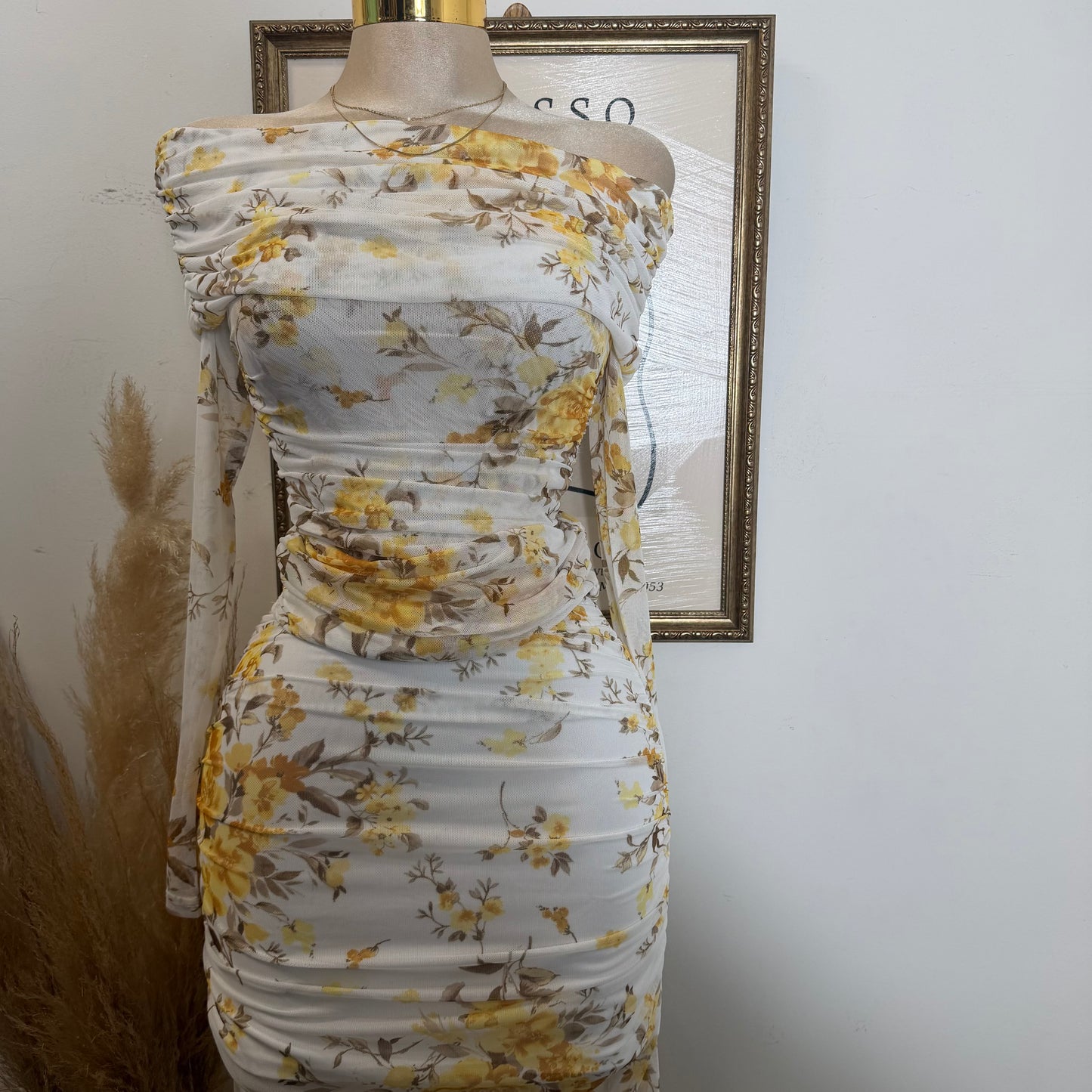Off shoulder printed Mesh Top and ruched Maxi Skirt Set-Yellow Print