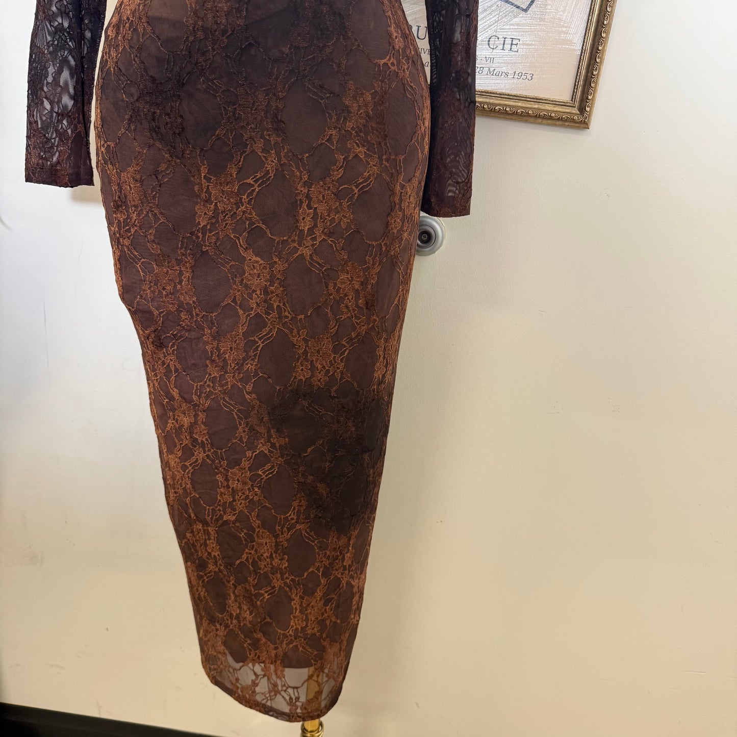 Tie Back Burnout Mesh Print Long Sleeve Maxi Dress-chocolate