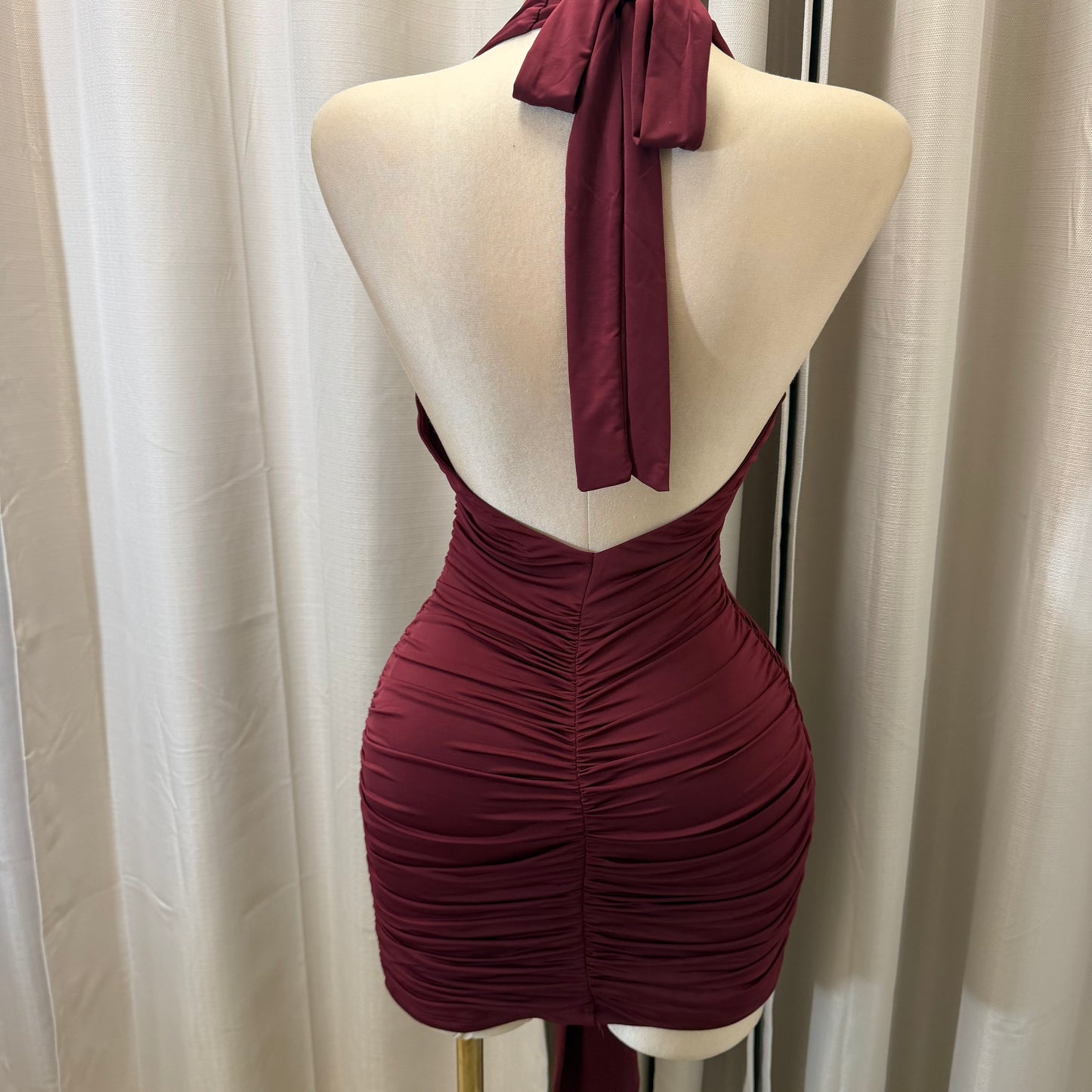 Orchid Halter Ruched front panel Mini Dress-Burgundy