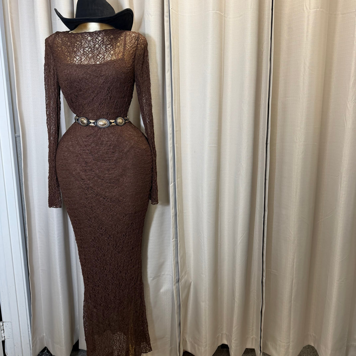 PL- Long sleeve Lace Midi Dress-Brown