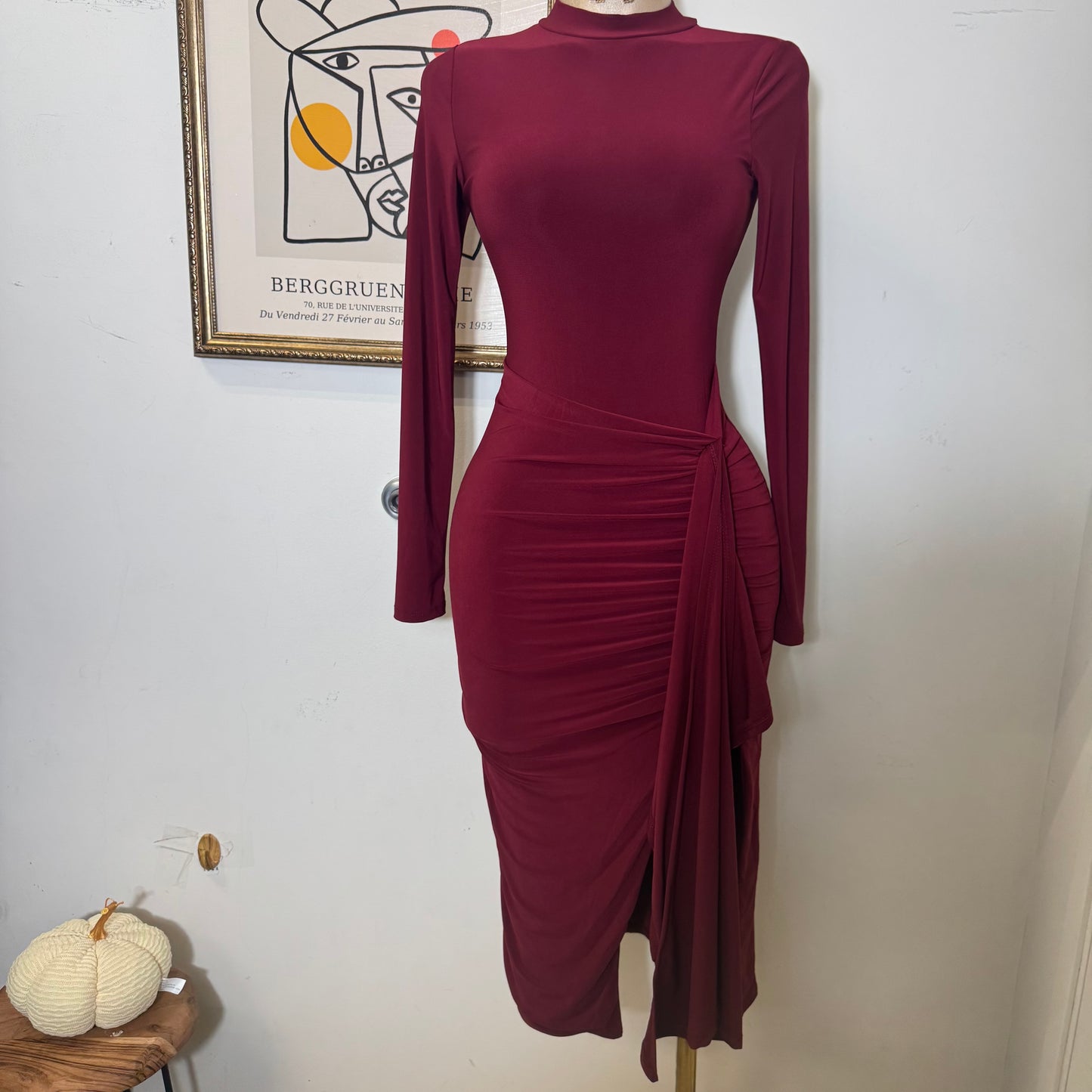 Mock Neck Ruffle Midi Dress-Wine