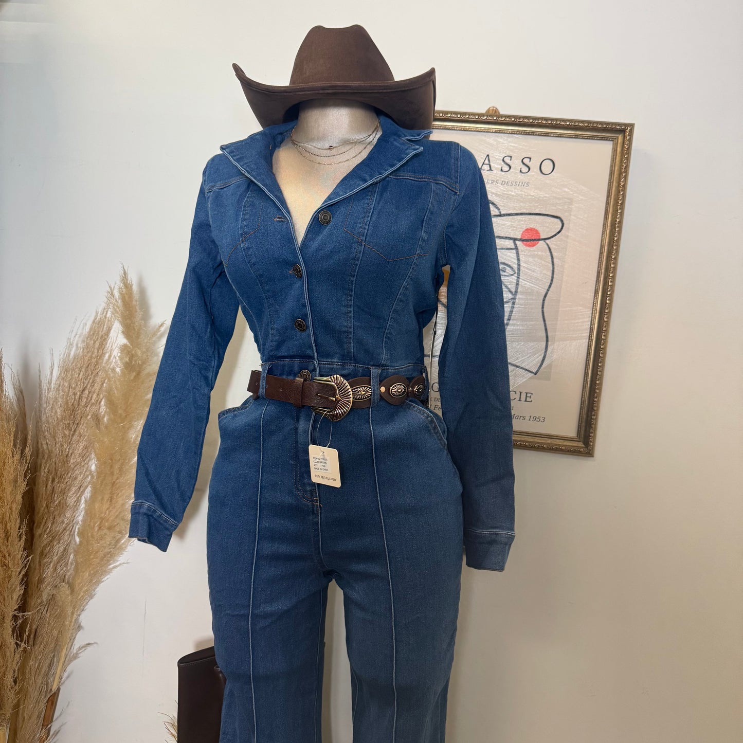 Denim Button Long Sleeve Jumpsuit -Dk denim