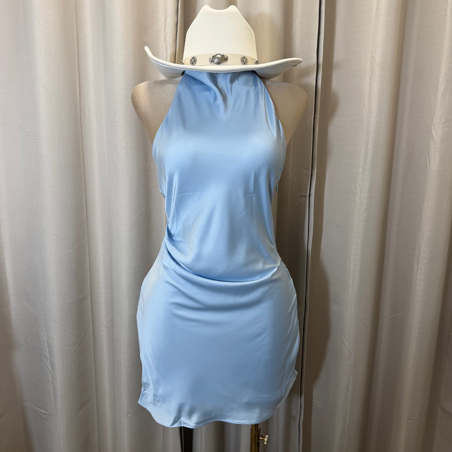 Satin Cowl Halter Neck Dress-Baby Blue