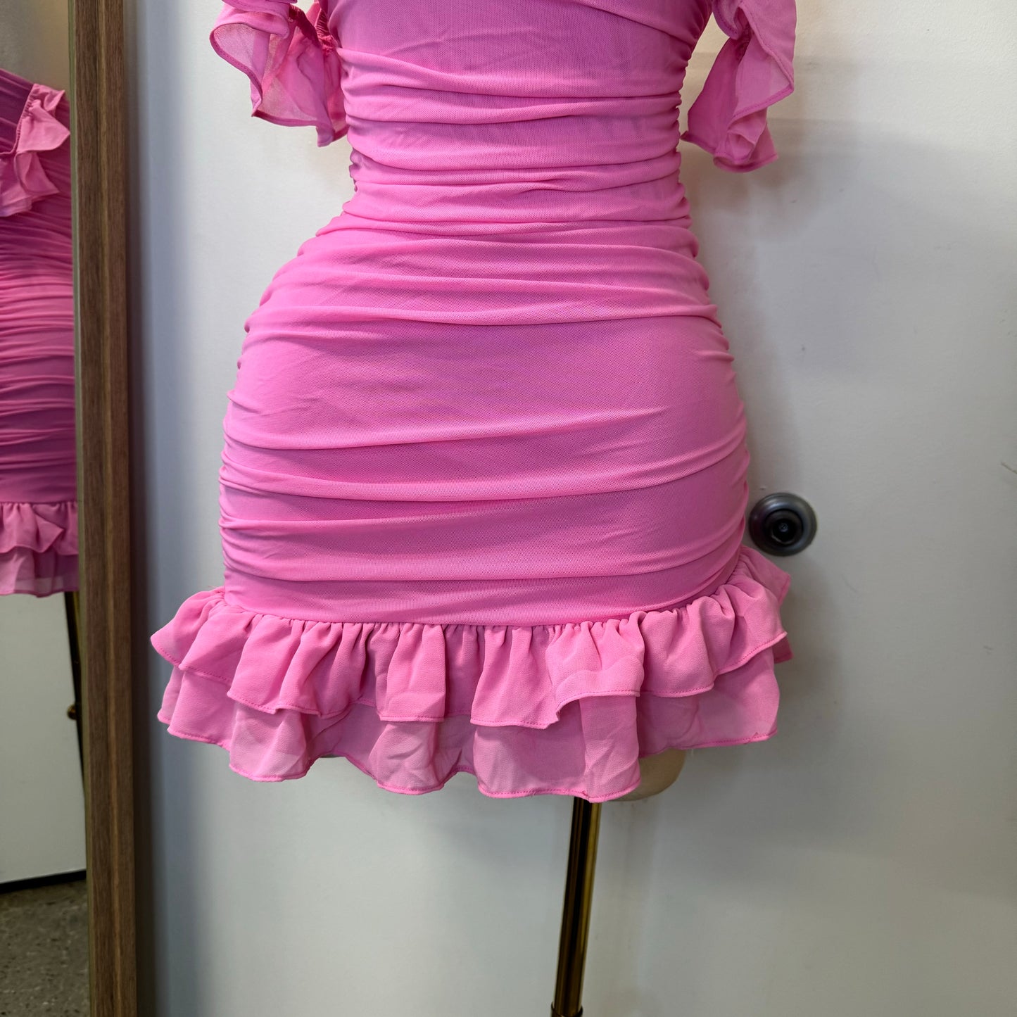 Annalise  Off Shoulder Mesh Asymmetrical Ruffle Hem Dress-Pink