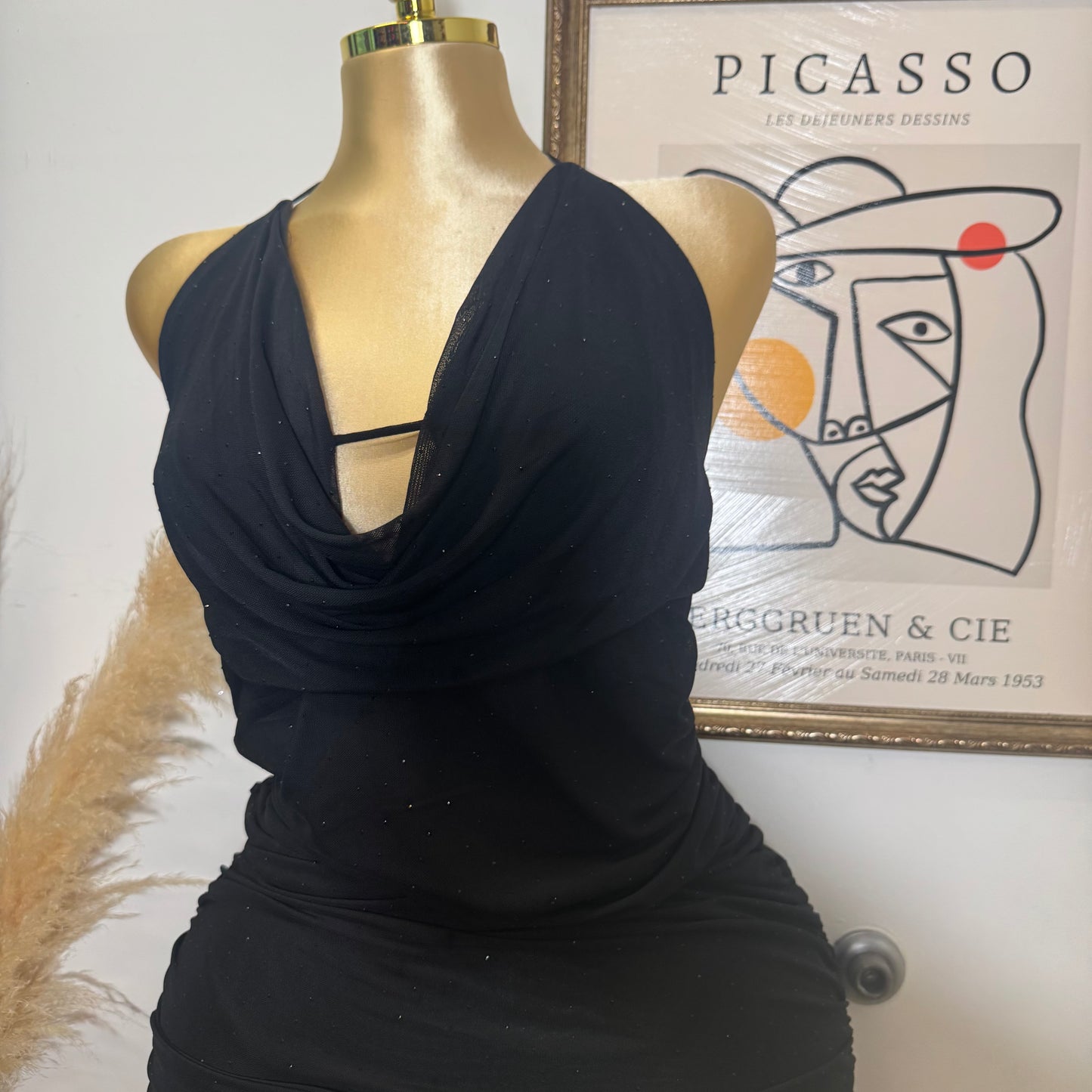 Rhinestone Detail Ruched Mesh Halter Dress-Black