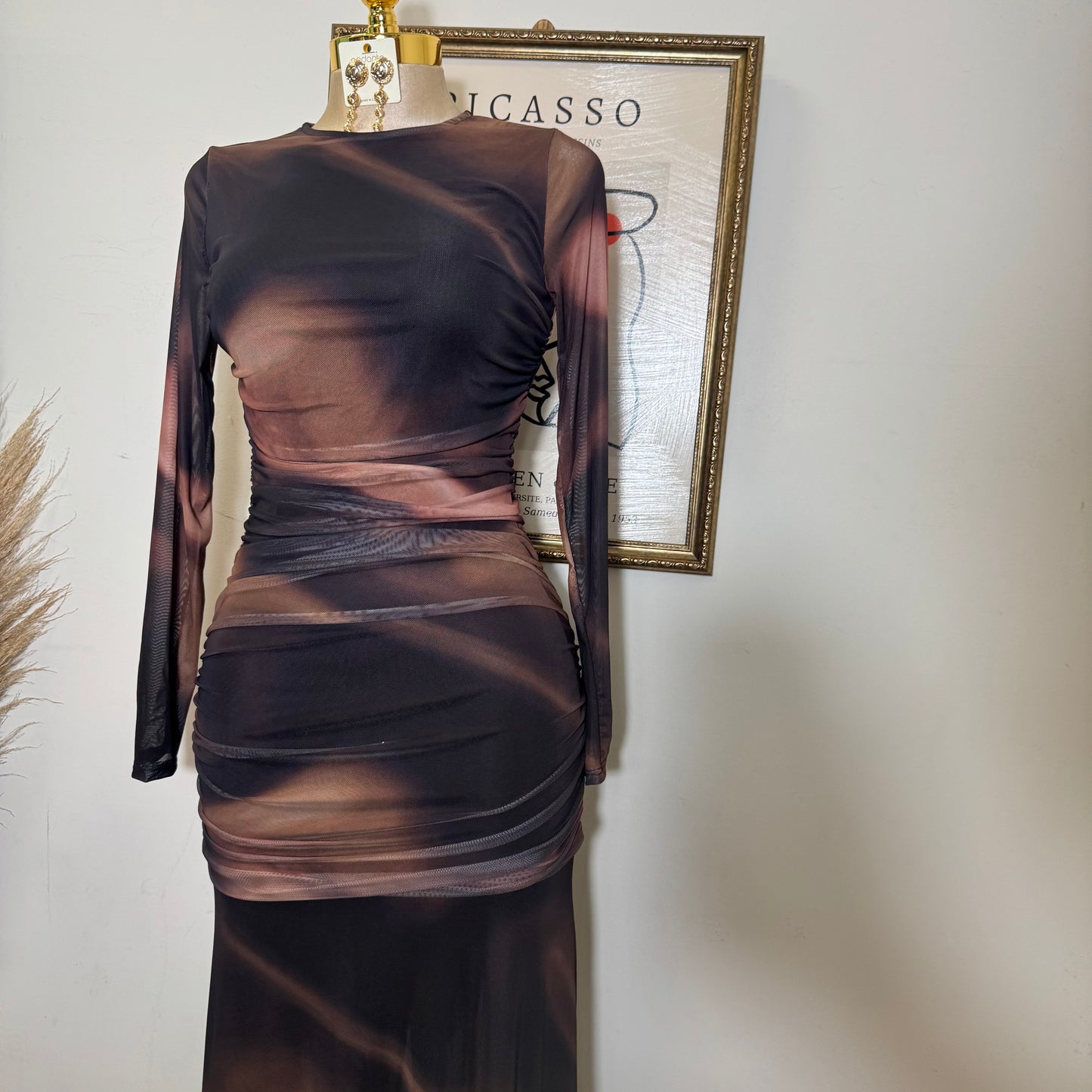 Geographic Mesh Maxi Dress-Brown Combo
