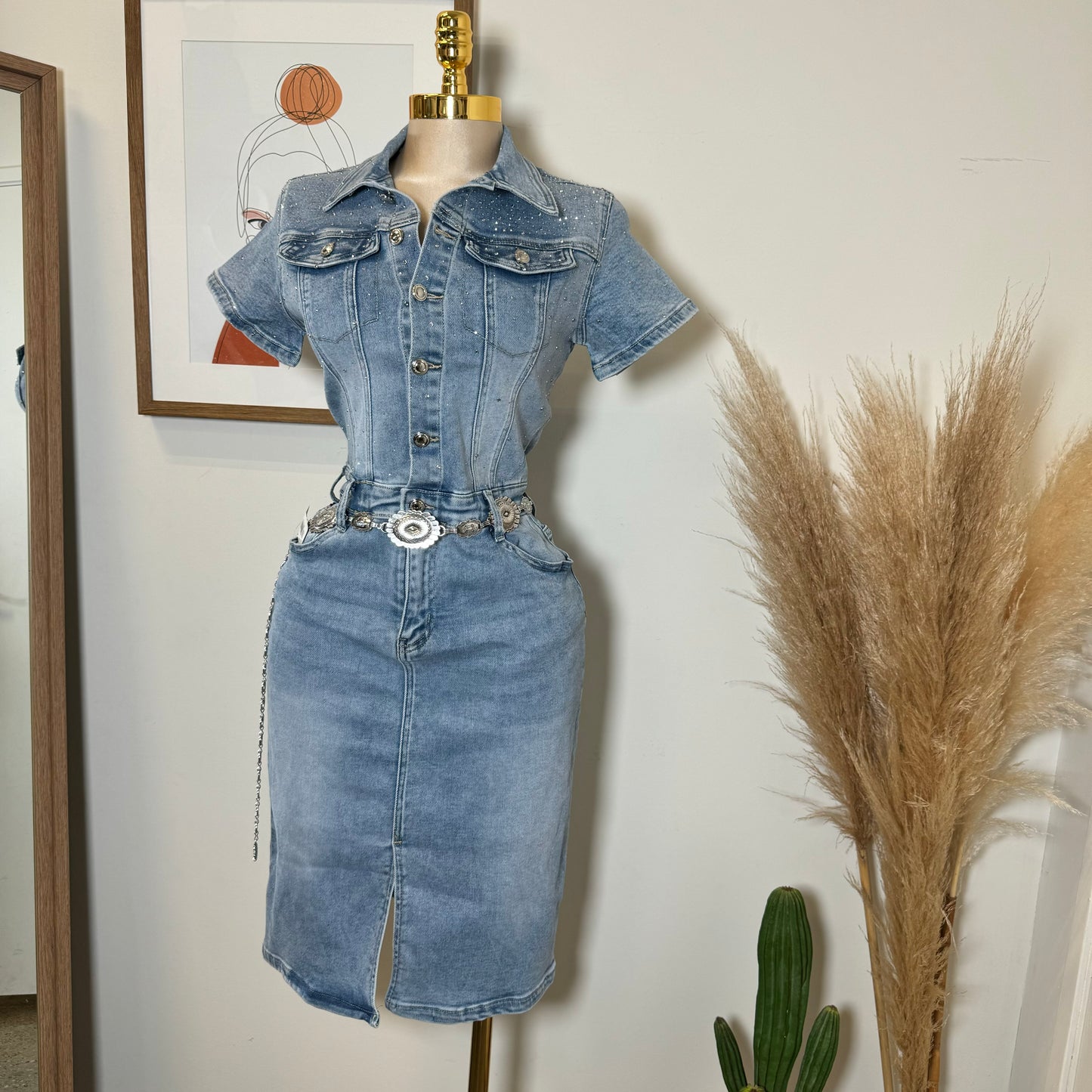 Rhinestone Denim Dress-Blue