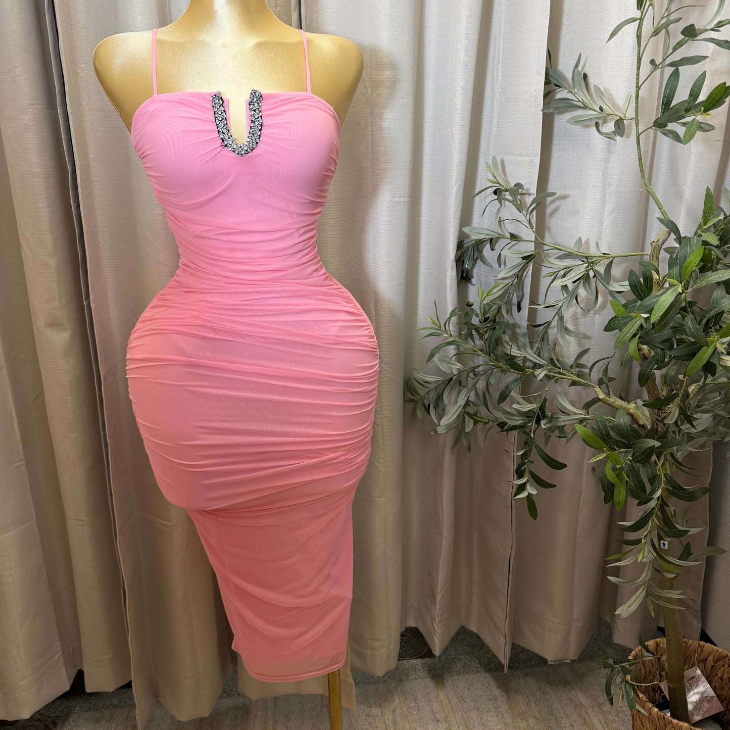Rhinestone Spaghetti Midi Dress-Pink