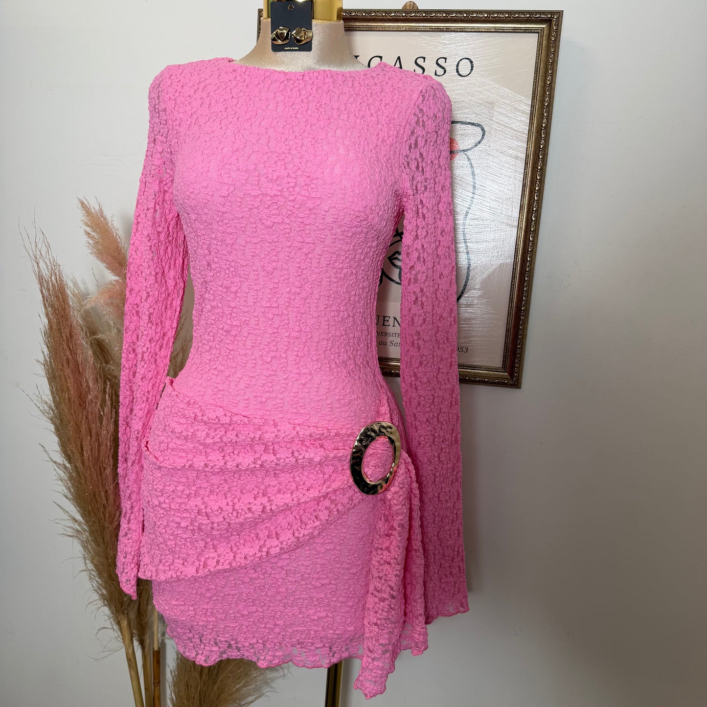 Long Sleeve Gold Detail Dress-Pink