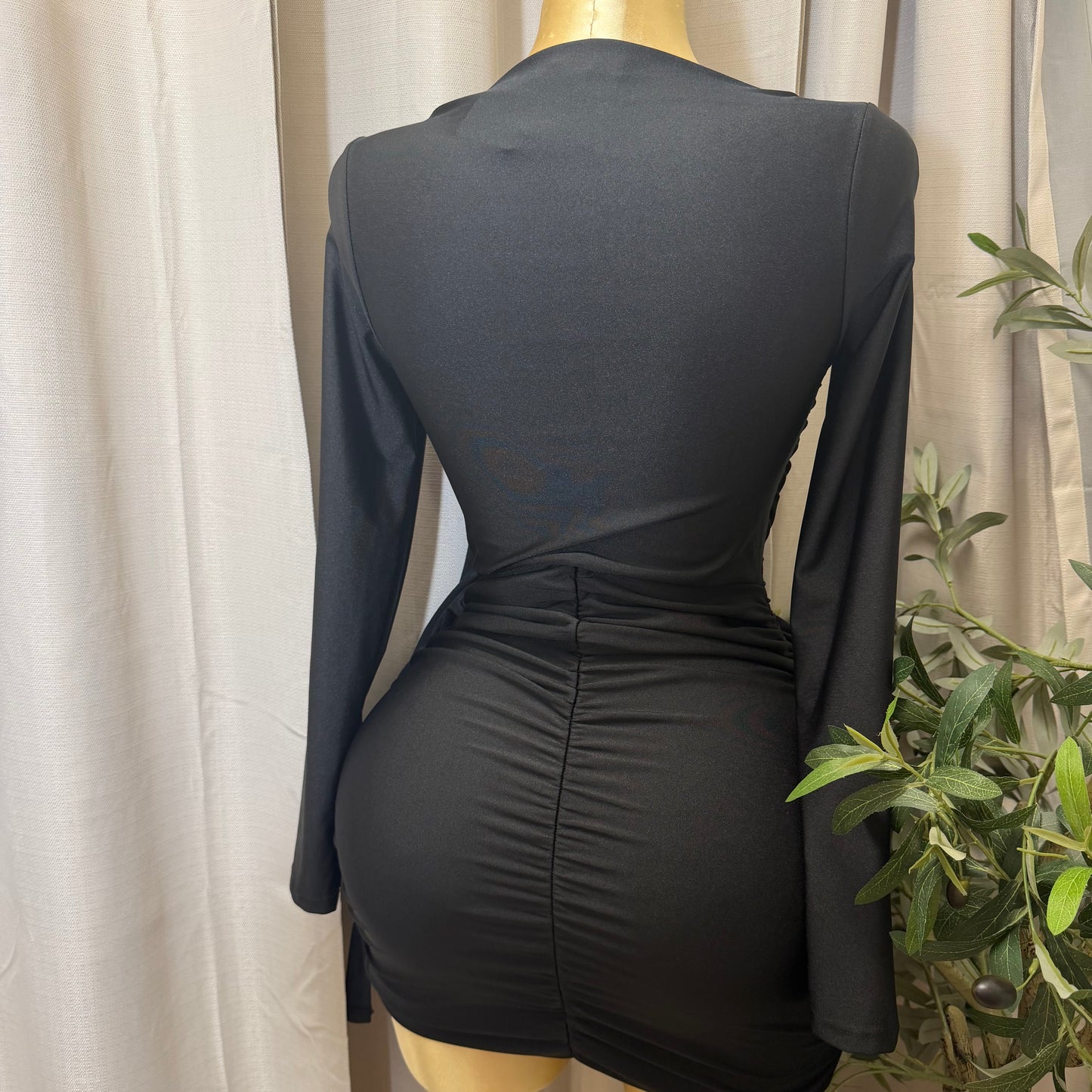 Long Sleeve Mini Dress Mock Neckline-Black