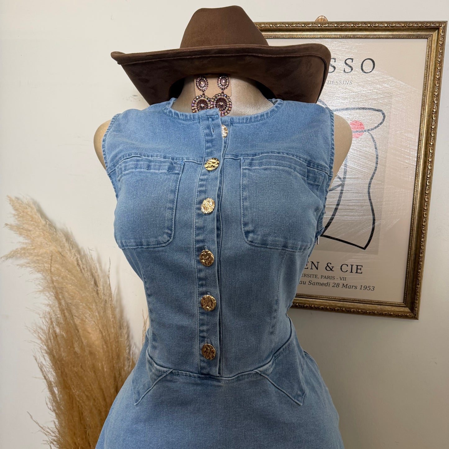 Round Neck Midi Denim Dress-LT Blue