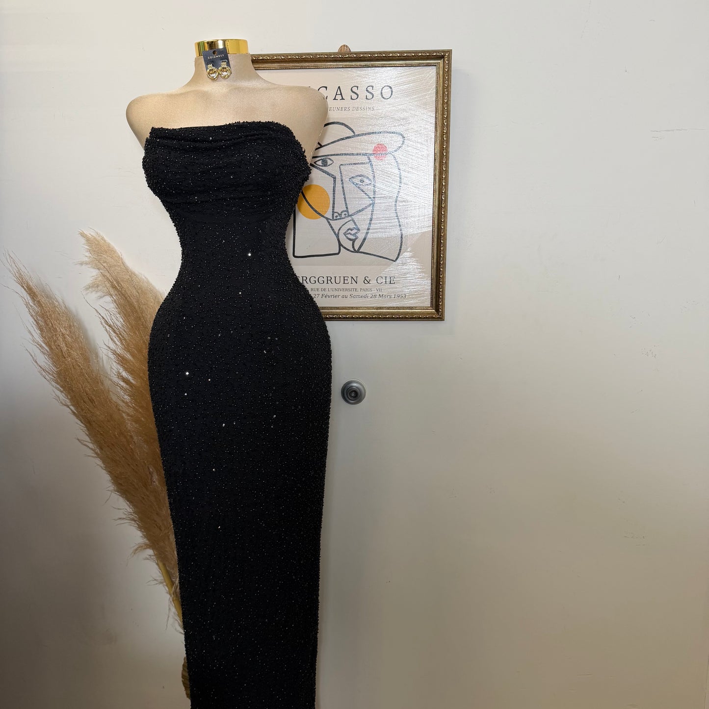 Embellished Bead Bandeau Cowl Neck Tube Maxi Dress-Black