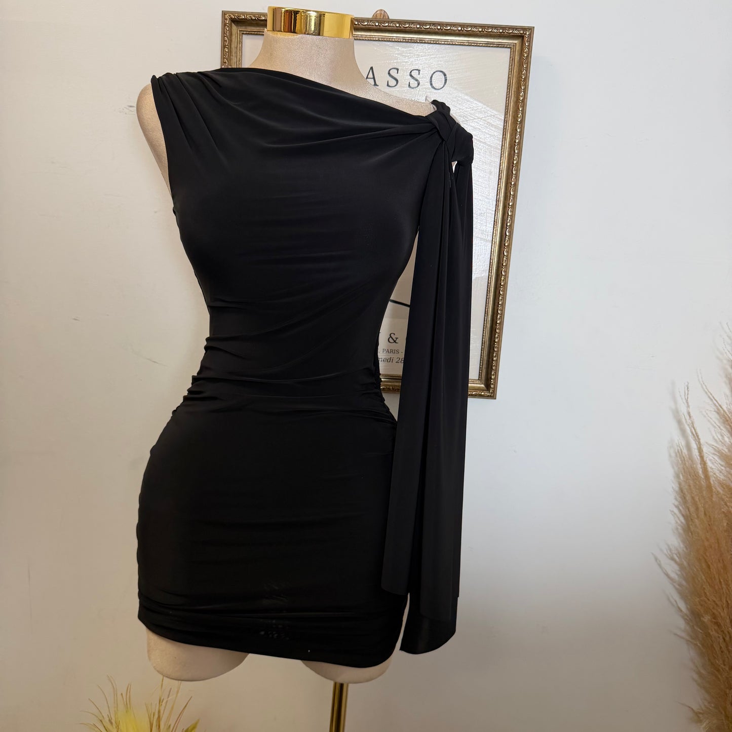 Off Shoulder Ruched Side Tie Mini Dress-Black