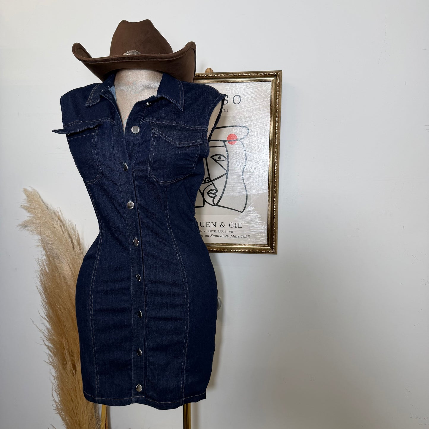 Sleeveless Denim Mini Dress-Indigo