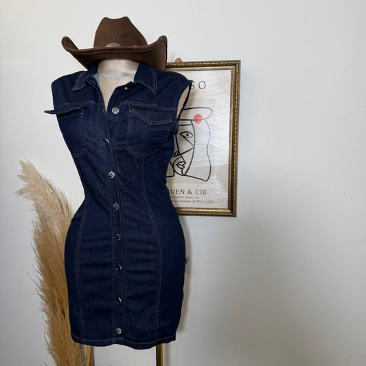 Sleeveless Denim Mini Dress-Indigo