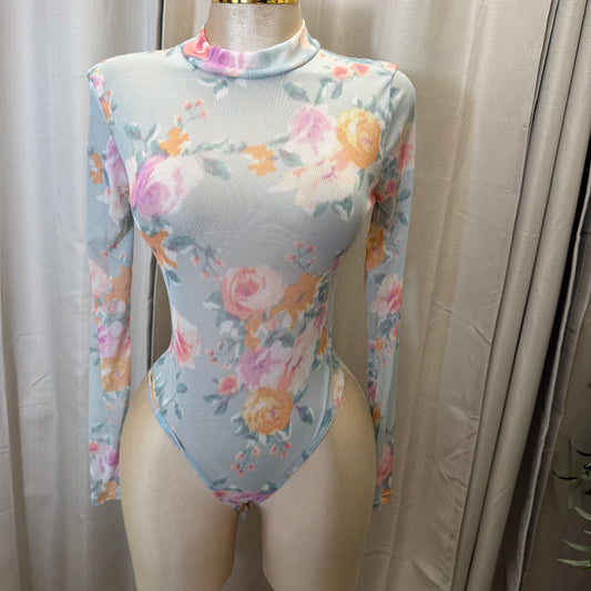 Flower Round Neck Long Sleeve Mesh Top-Green