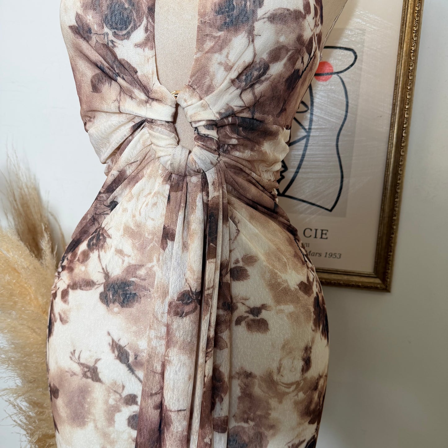 HalterNeck Print Midi Dress-Brown Floral