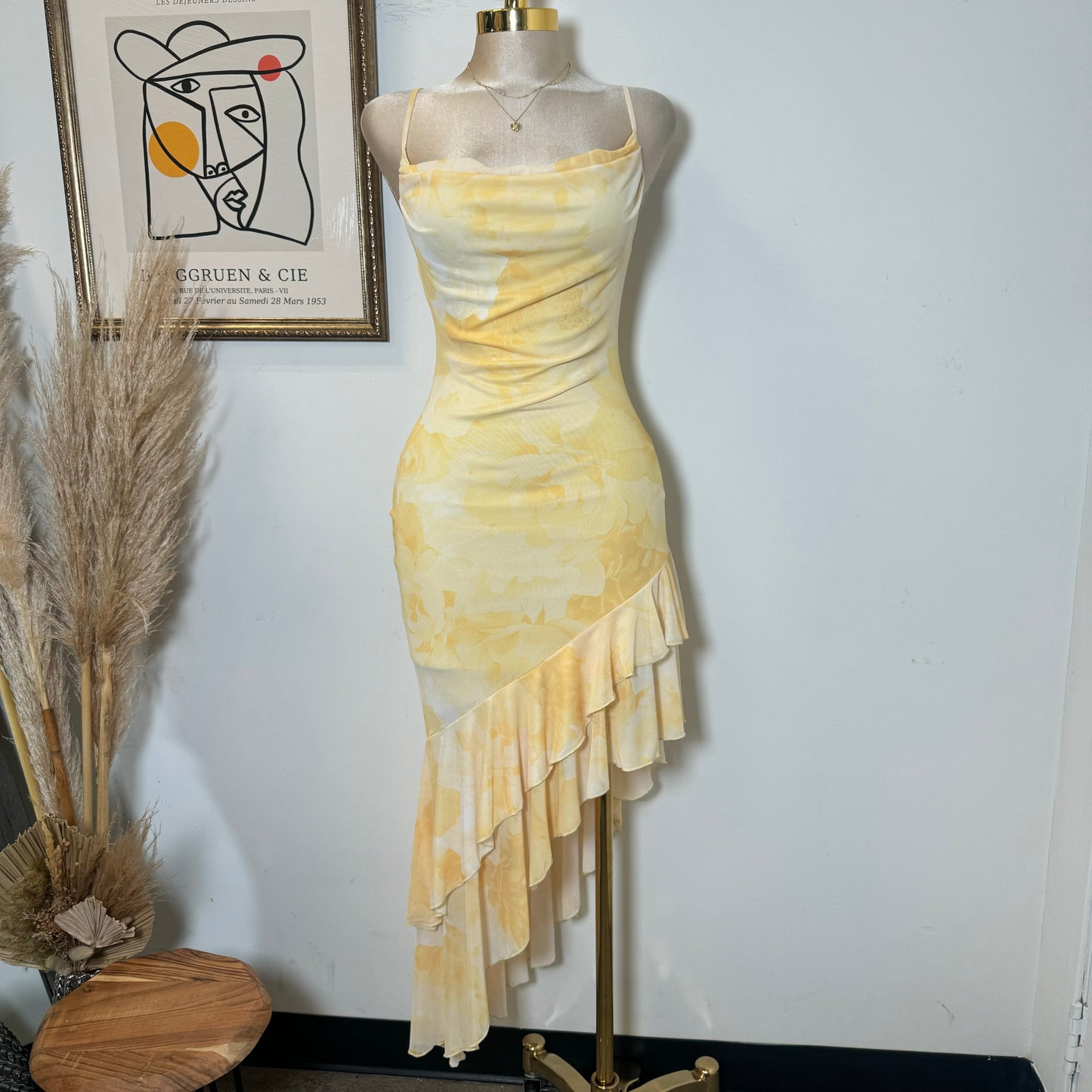 Solecito Open Slit Dress-Yellow