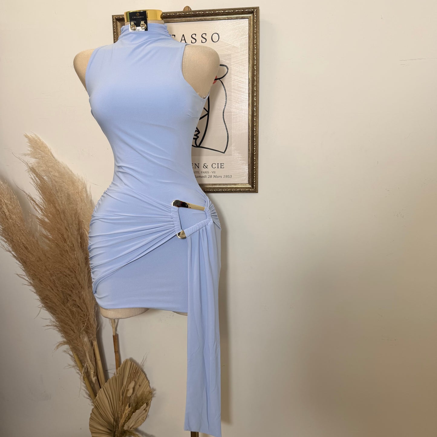 Mock Neck Front Sash With Trim Detail Mini Dress- Baby Blue
