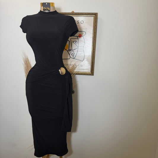 Shelf Gold Trim with Sash Detail Midi Dress-Black