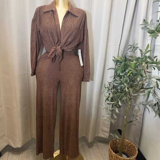 Rhinestone Long sleeve Pant Set-Brown