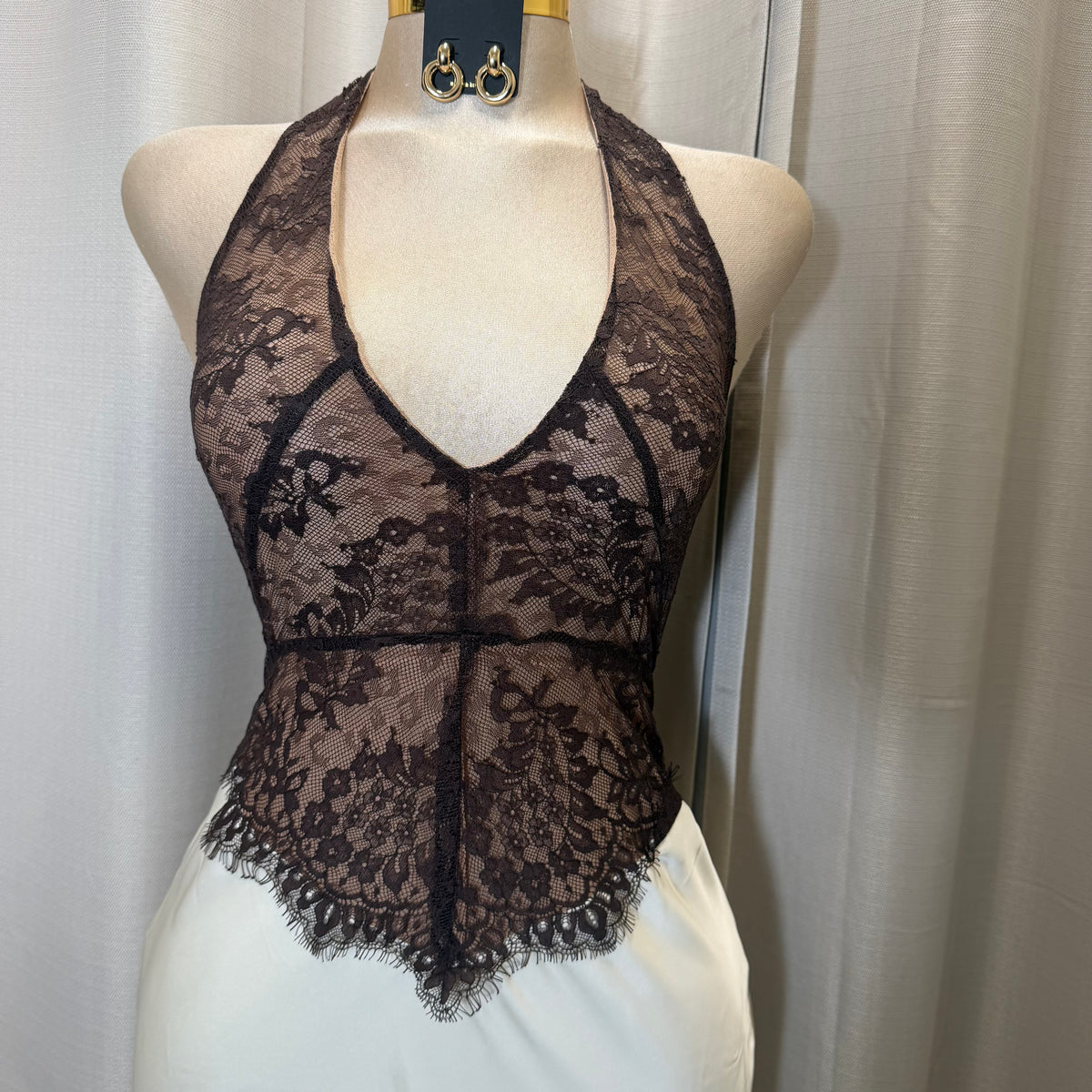 Romance Lace Halter Maxi Dress-Cream/Brown