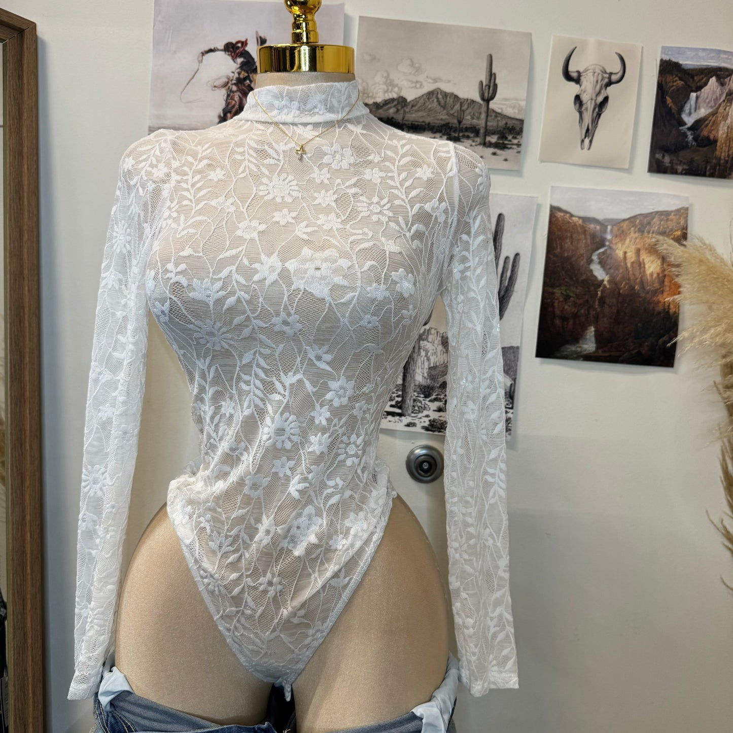 Flower Lace Bodysuit-White