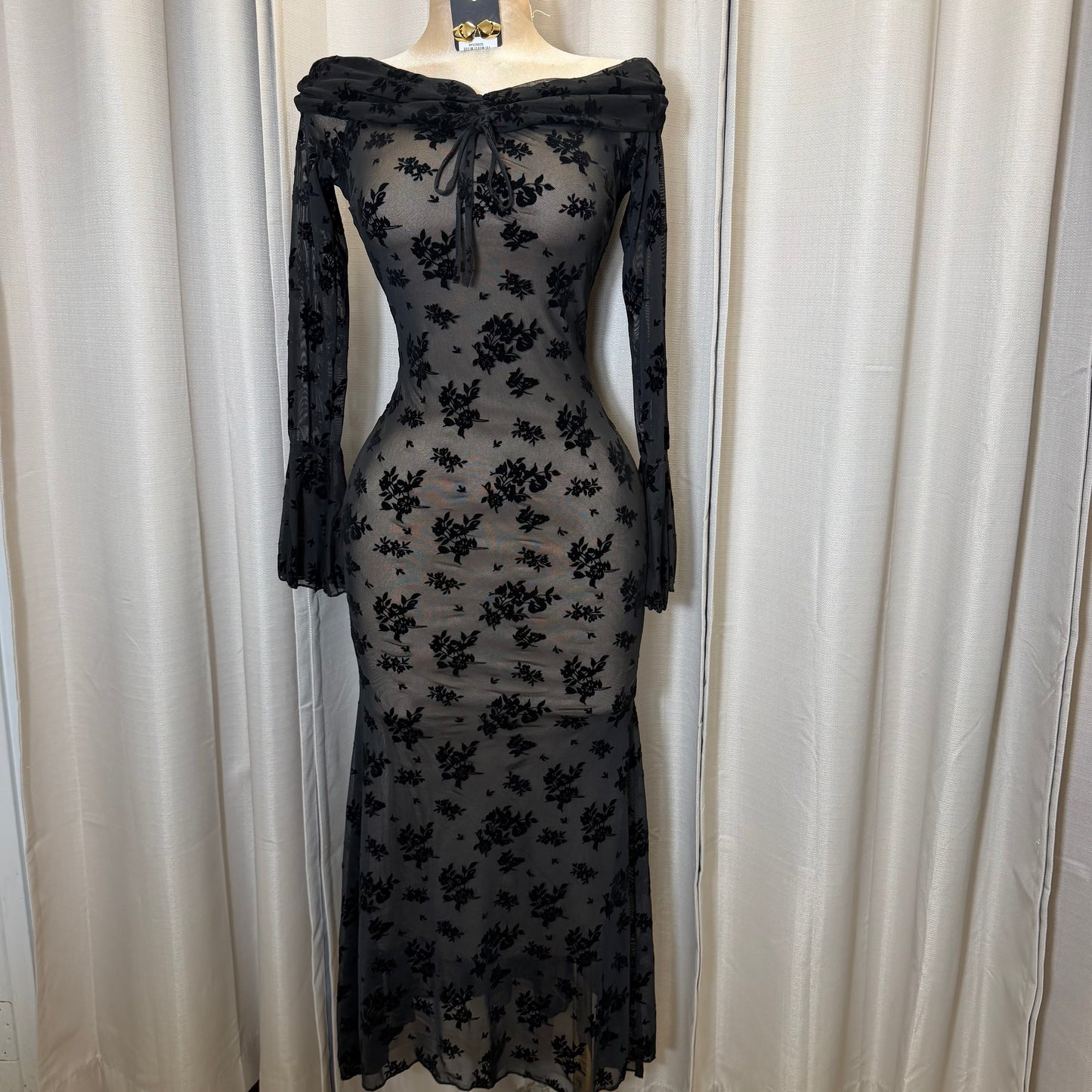 Flocked Long Sleeve Mesh off shoulder maxi Dress-Black/Nude