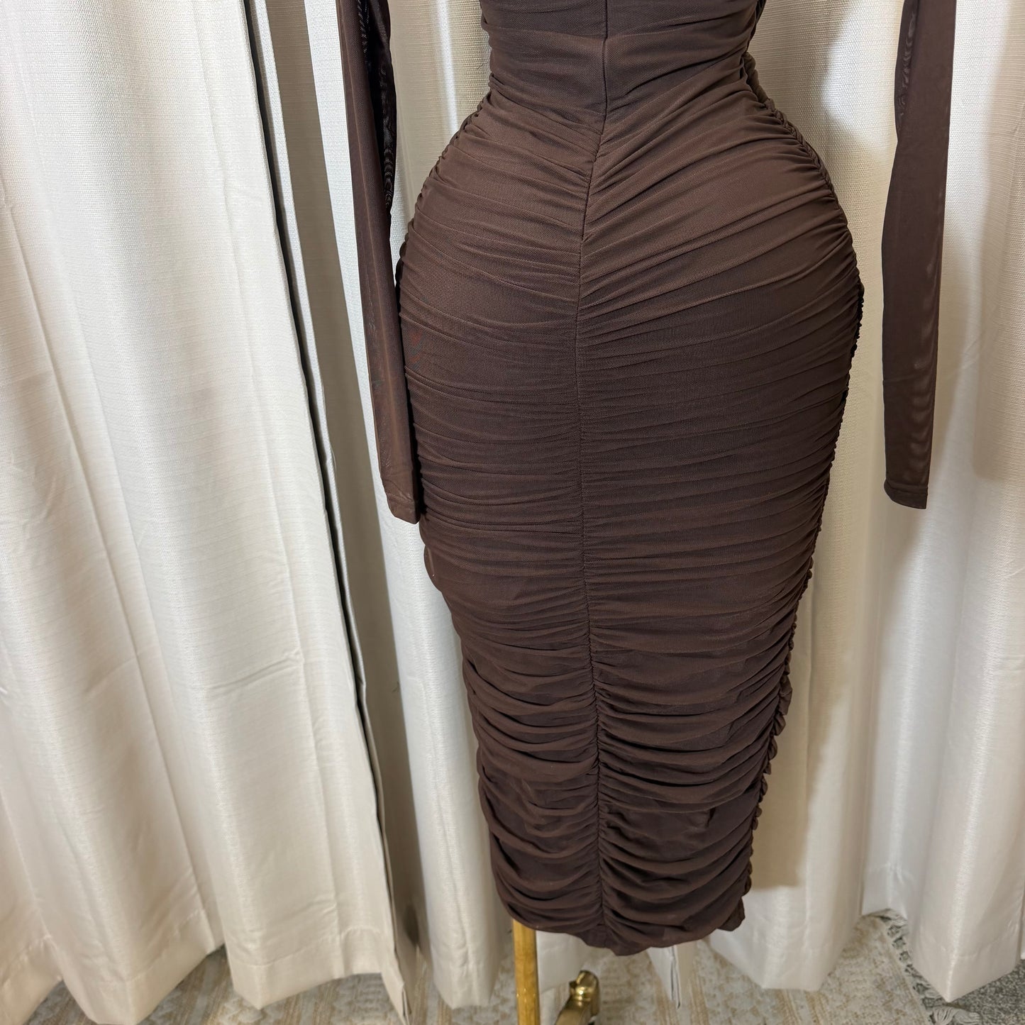 Long sleeve Mesh  Dress-Brown