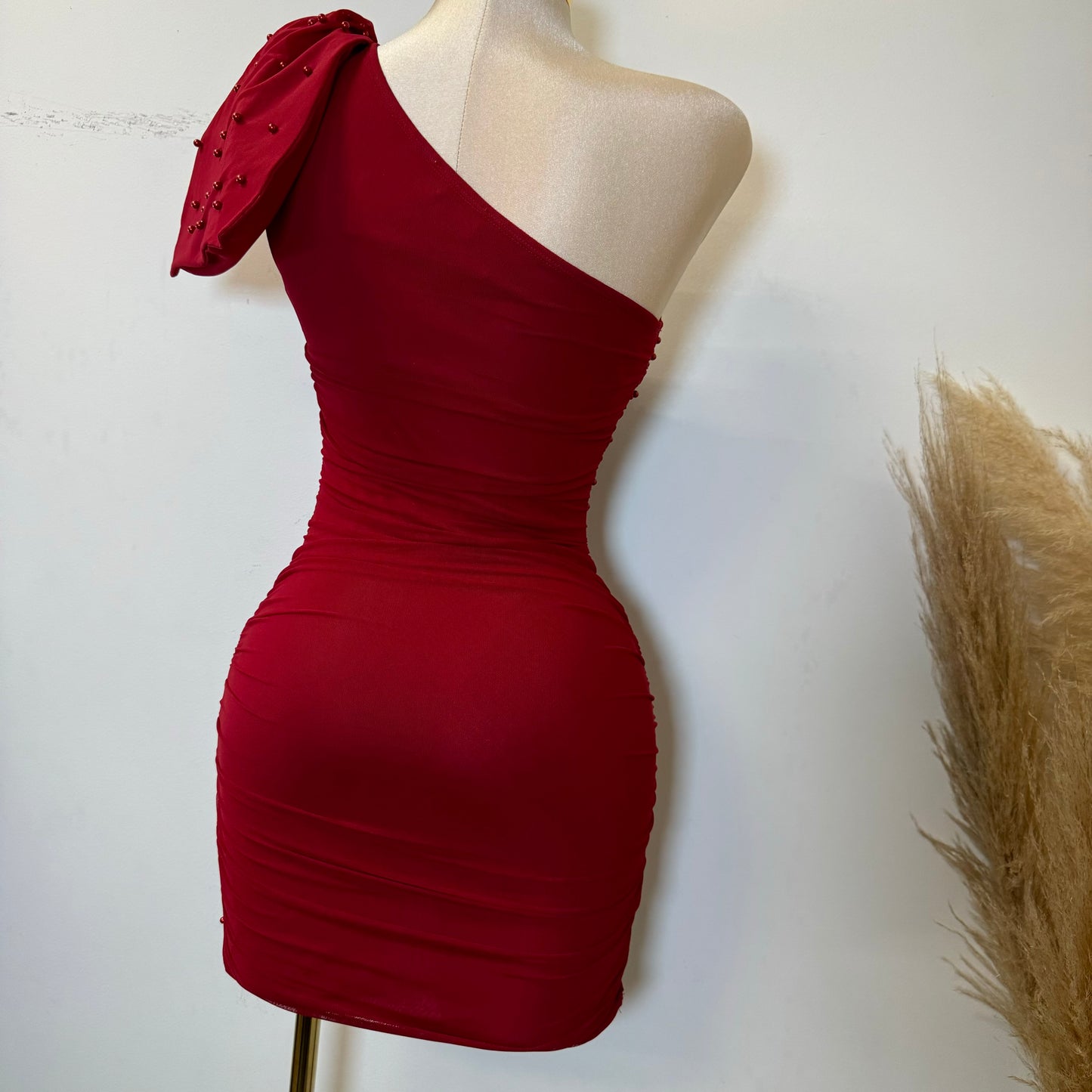 Pearl Bow Dress-Red
