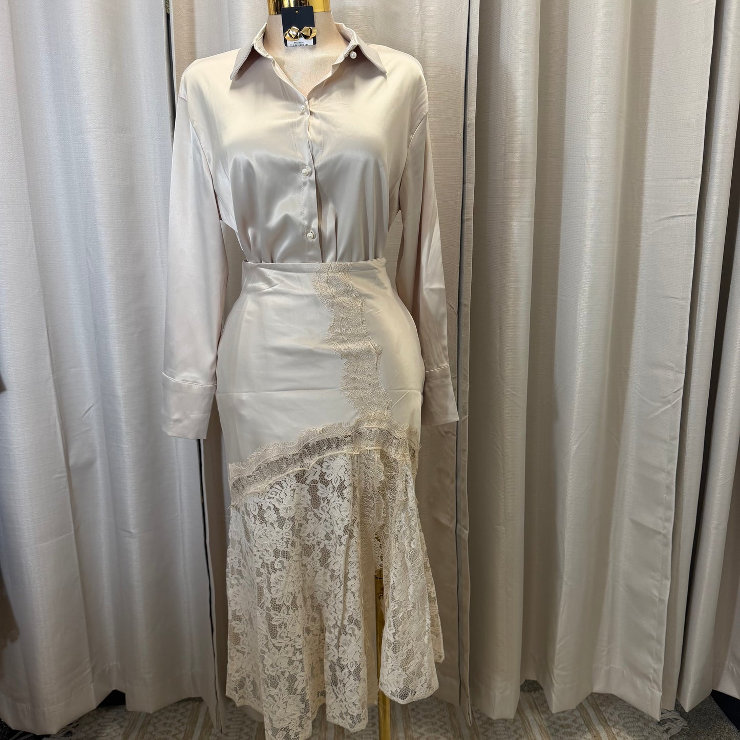Satin Long Sleeve Top with Lace Skirt-Beige/Cream/White