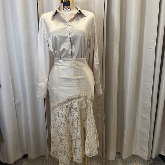 Satin Long Sleeve Top with Lace Skirt-Beige/Cream/White