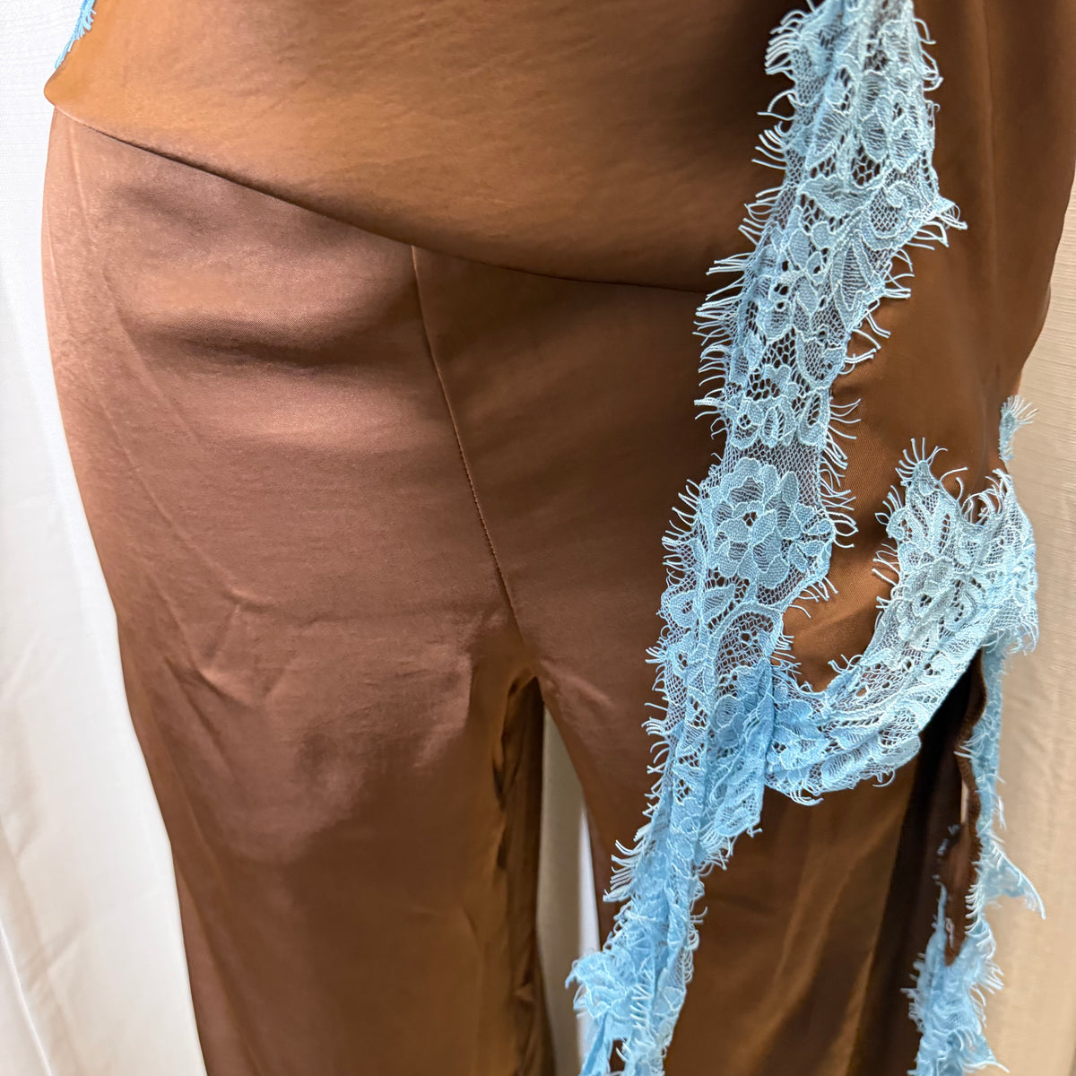 Contrast Lace Trim Satin Halter Jumpsuit-Brown/Blue