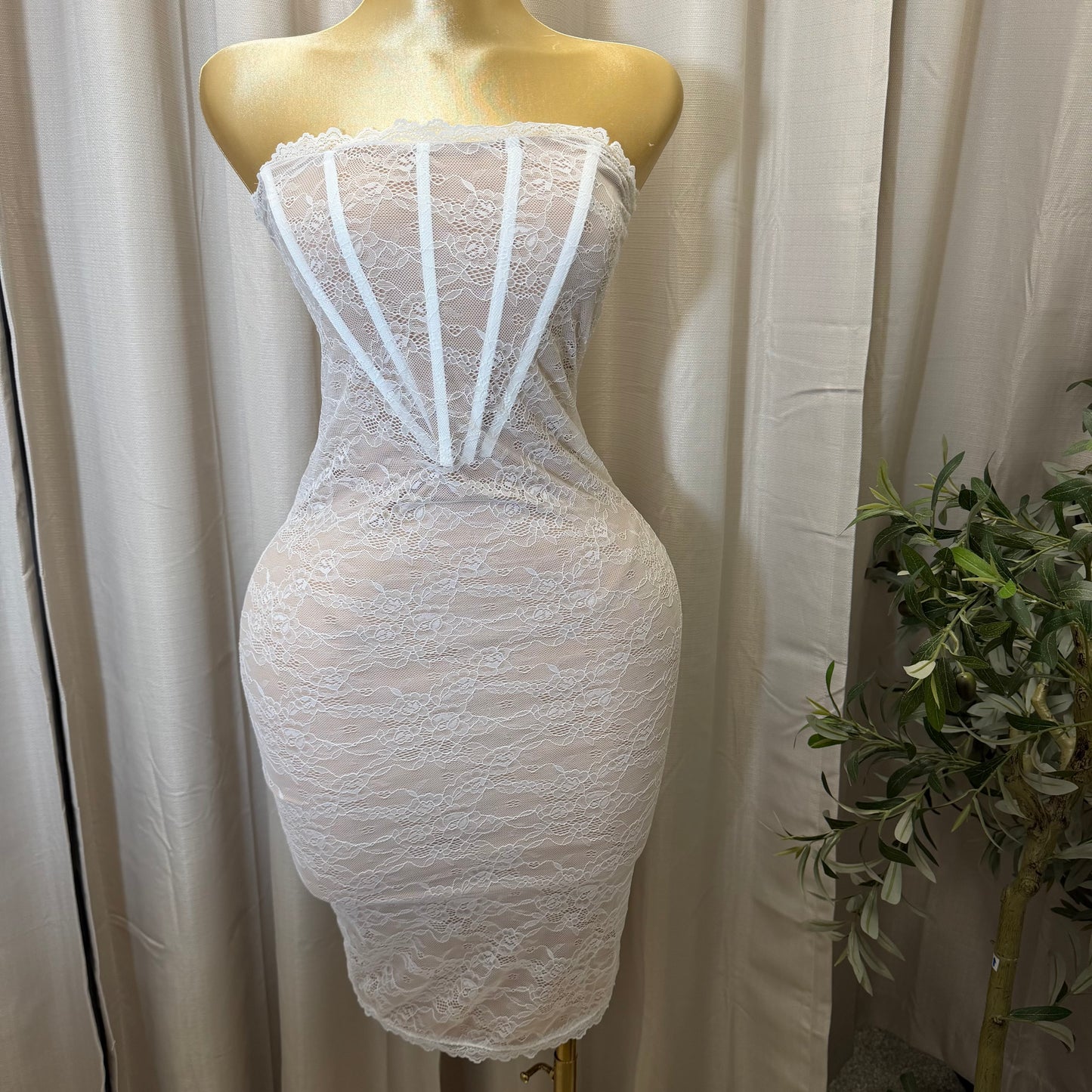 Stretch Lace Corset Body Midi Dress-Ivory