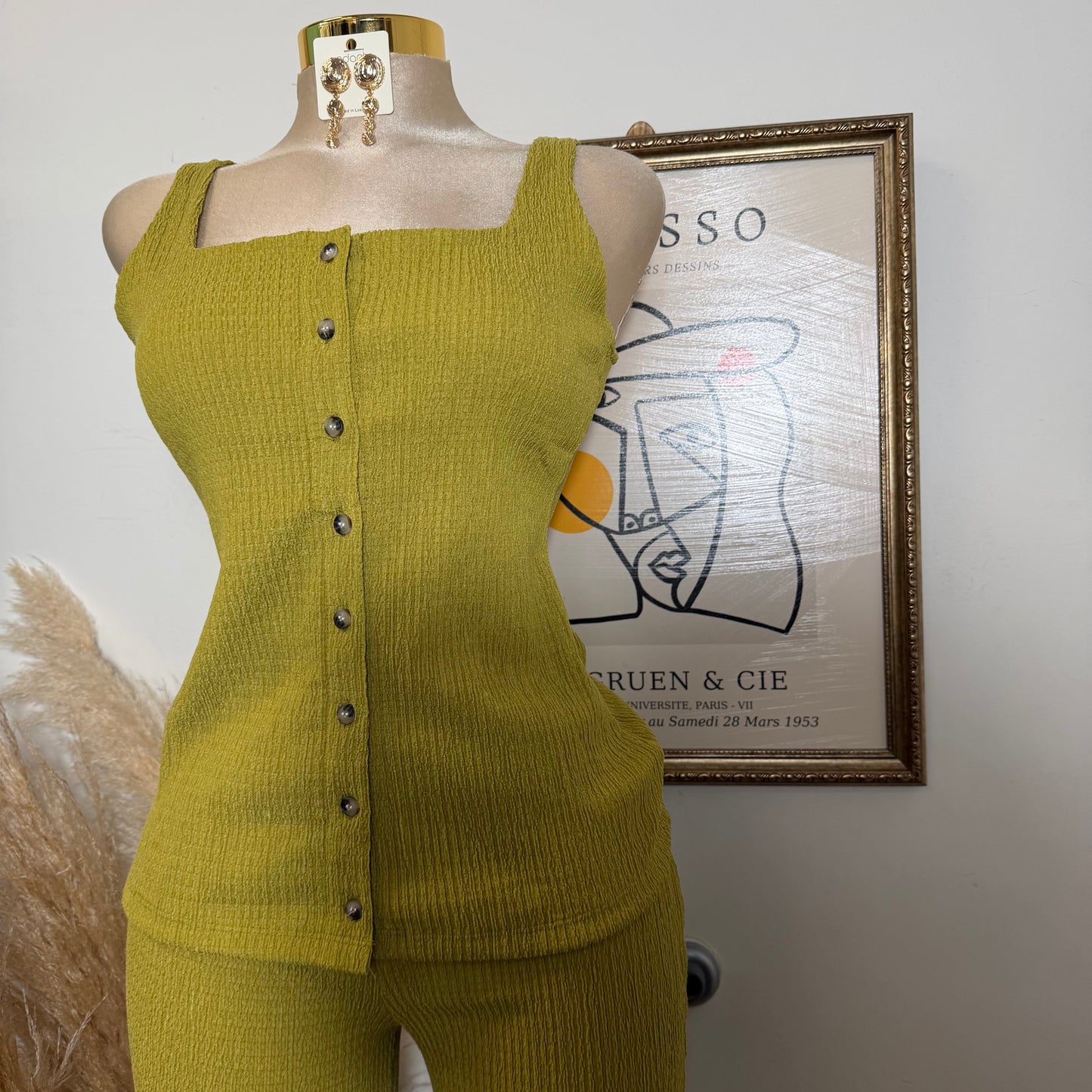 Square neck Vest & Flare Pant set-Green Olive