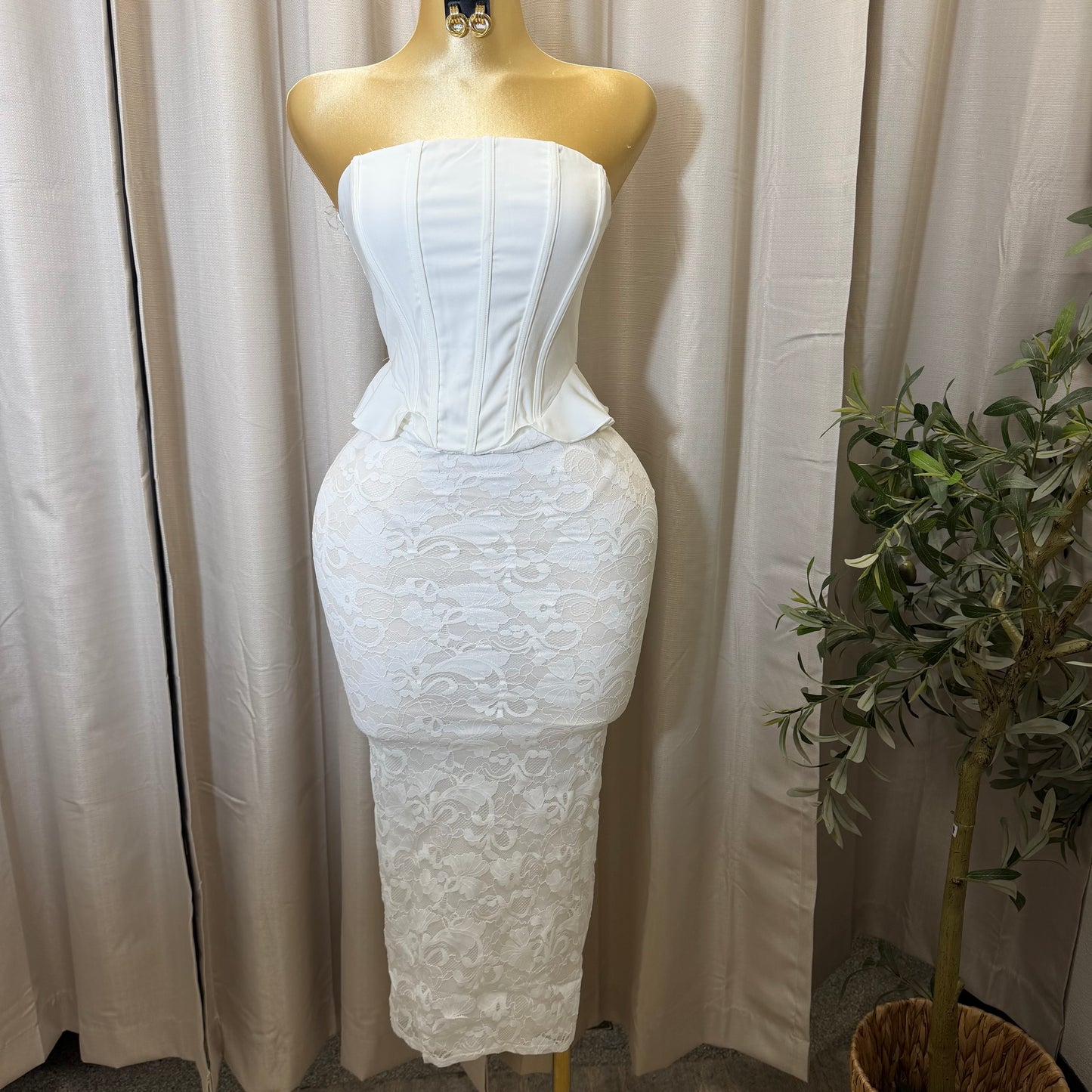 Strapless Corset Lace Midi Dress-White