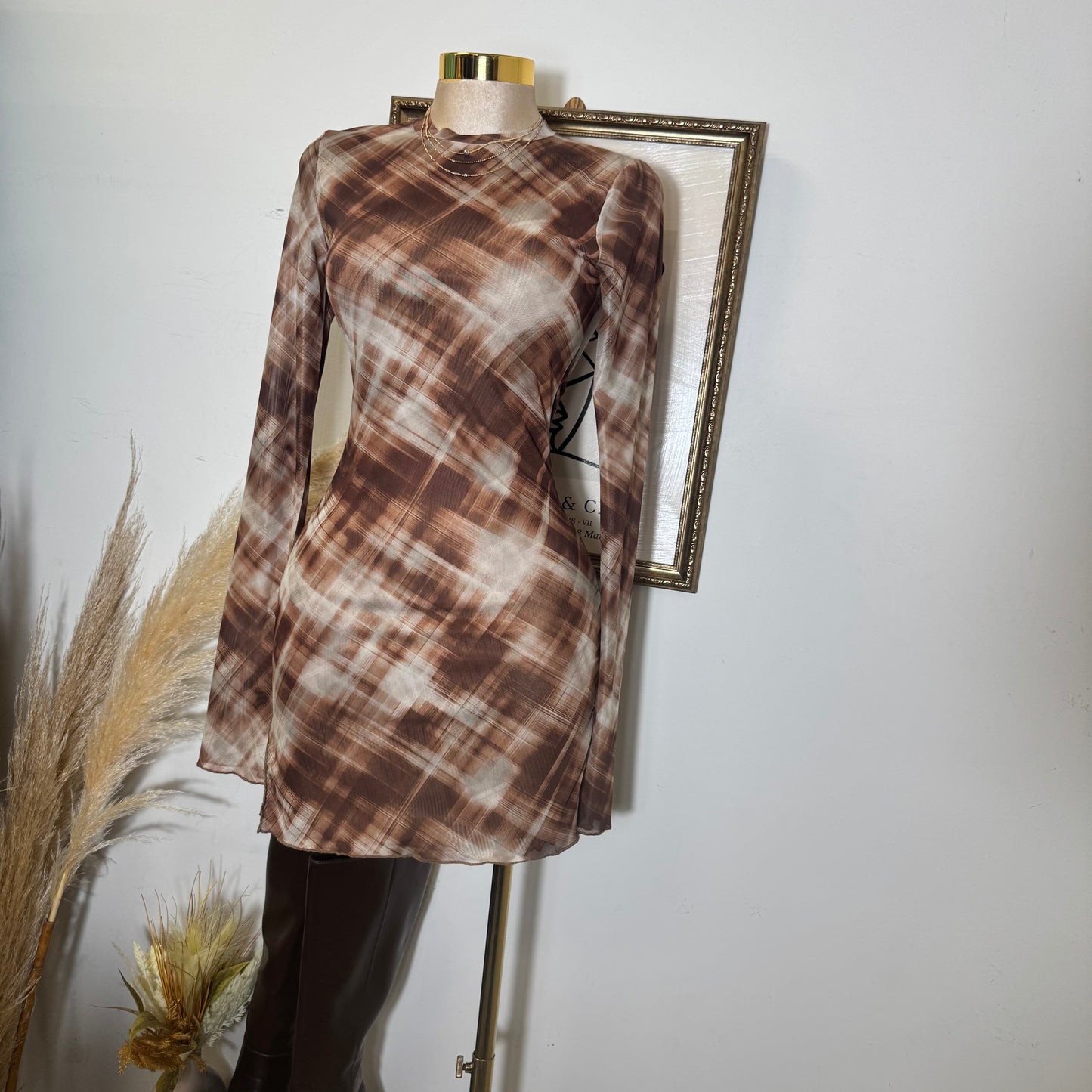 Mesh long sleeve Dress-Brown
